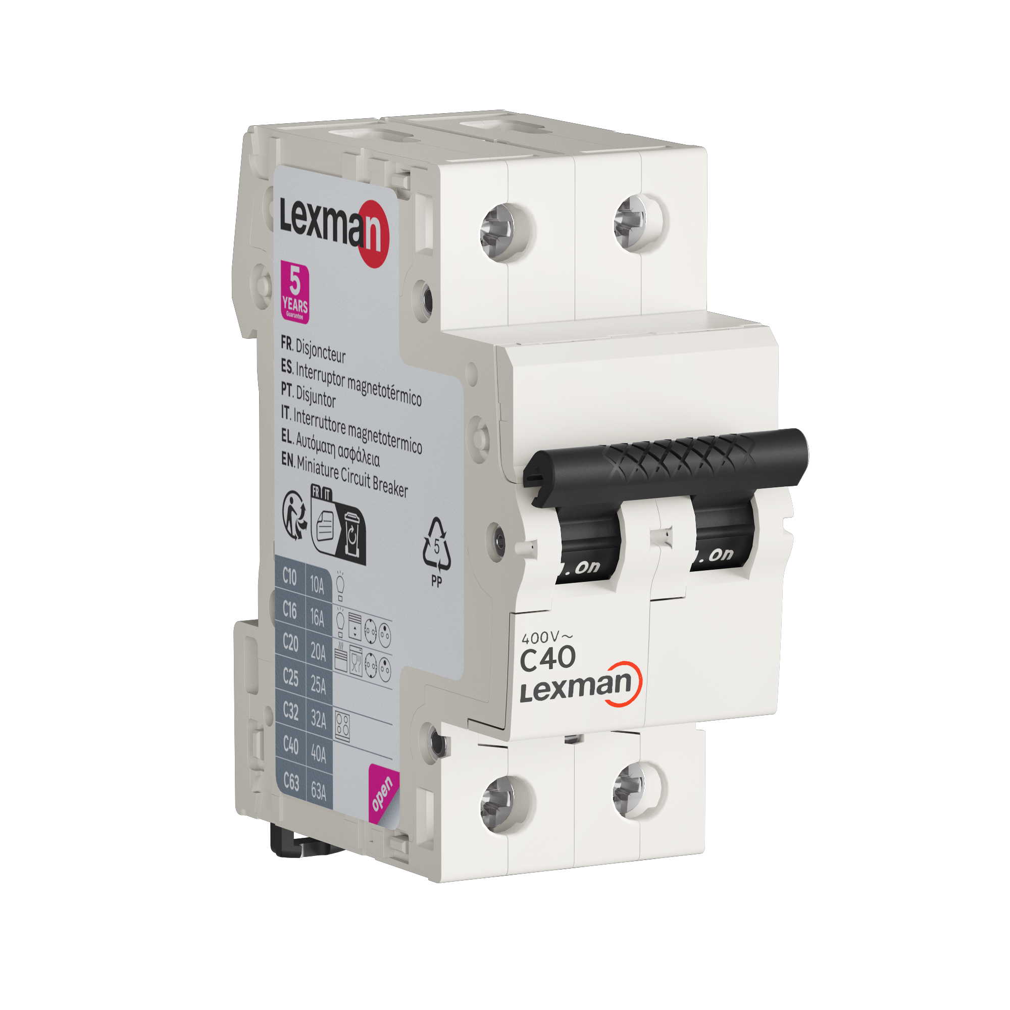 Disjuntor 2 polos curva C 40A conexão por parafuso capacidade de interrupção 6000A LEXMAN - 11