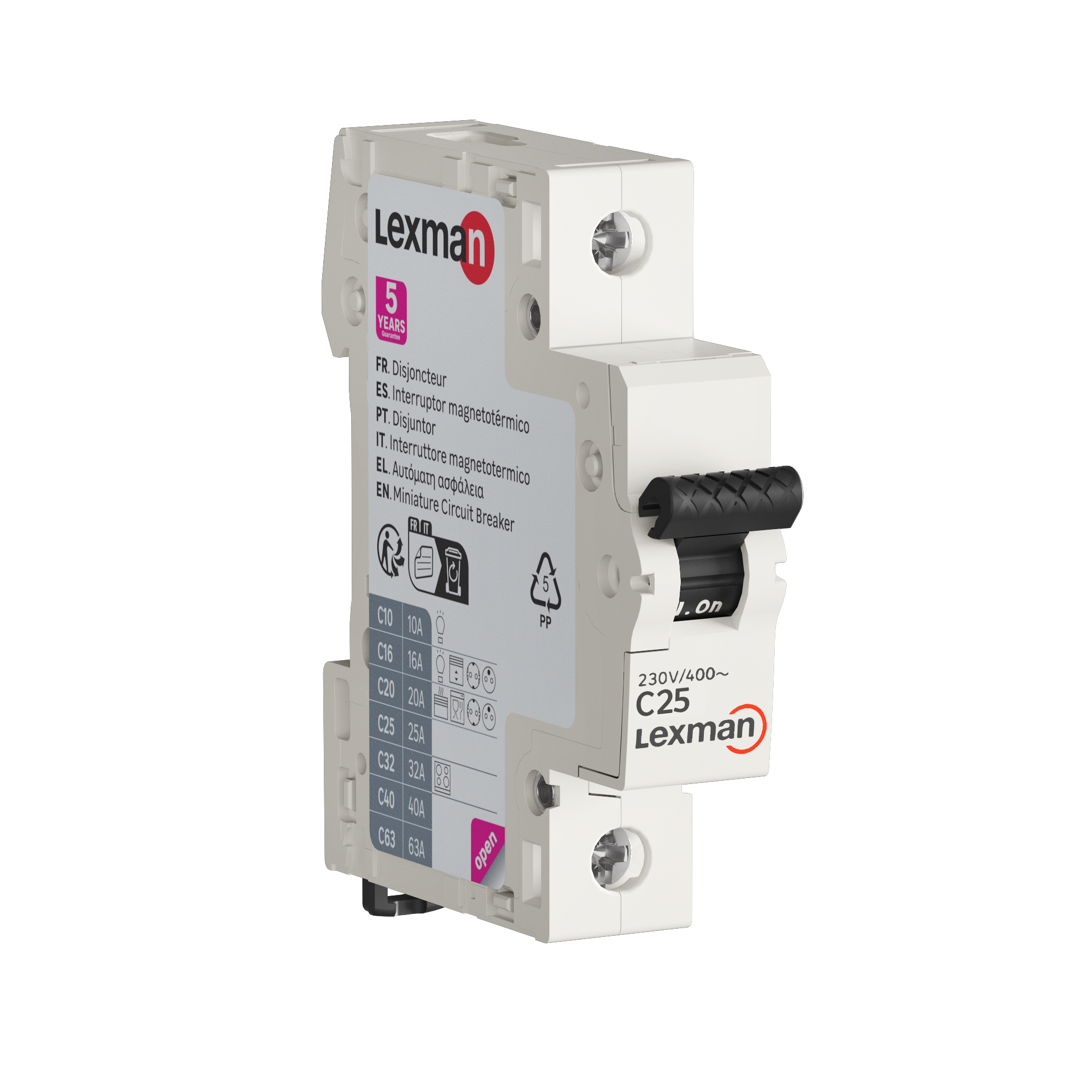 Disjuntor 1 polo curva C 25A conexão por parafuso capacidade de interrupção 6000A LEXMAN - 12