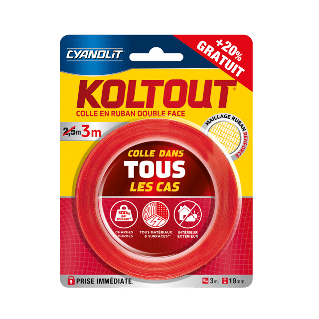 Ruban adhésif double face Koltout CYANOLIT L.3 m x l.19 mm
