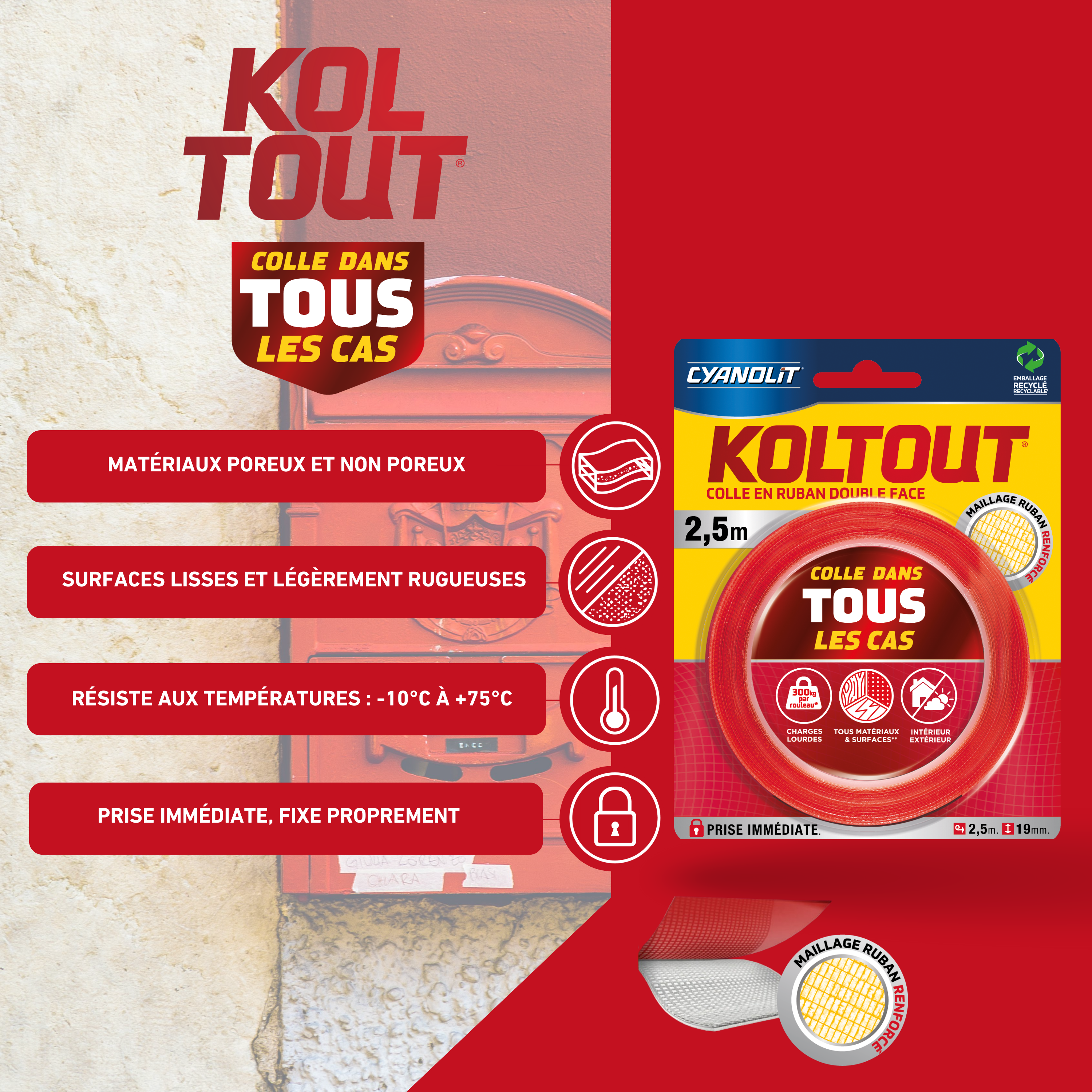 Ruban adhésif double face Koltout CYANOLIT L.2.5 m x l.19 mm - 6