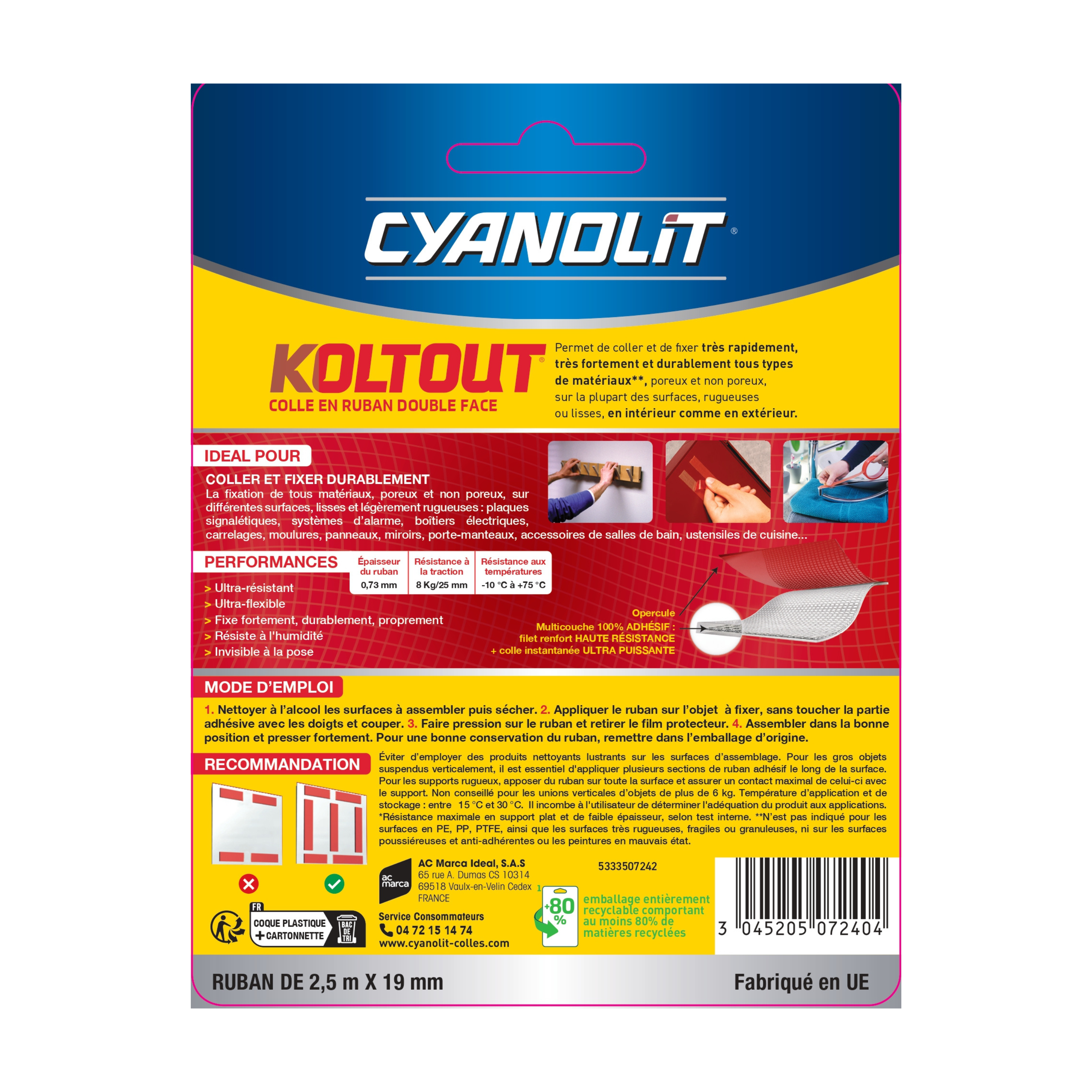 Ruban adhésif double face Koltout CYANOLIT L.2.5 m x l.19 mm - 9