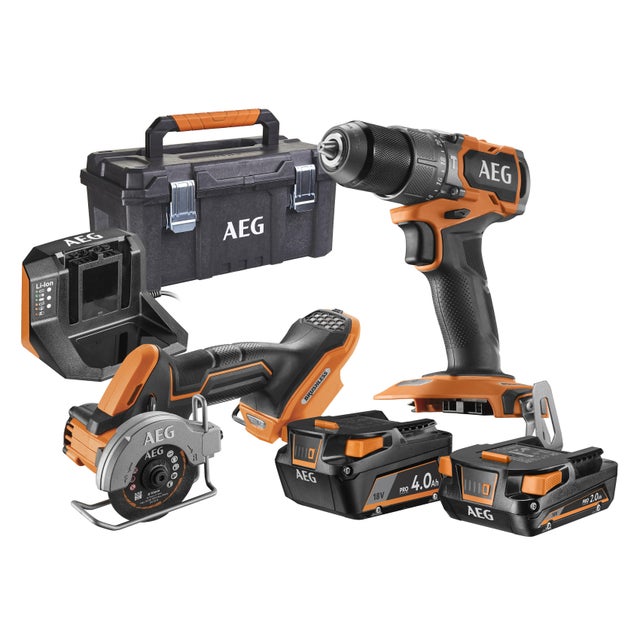 Kit 2 outils sans fil 18V : Perceuse visseuse à percussion + Mini scie multimatériaux + 2 batteries + Chargeur + Coffre de rangement - AEG - FR18-AS-2SC-X02TB