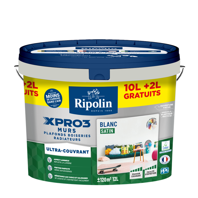 Peinture mur, plafond, boiserie blanc satin RIPOLIN Xpro3 10L+2L gratuit