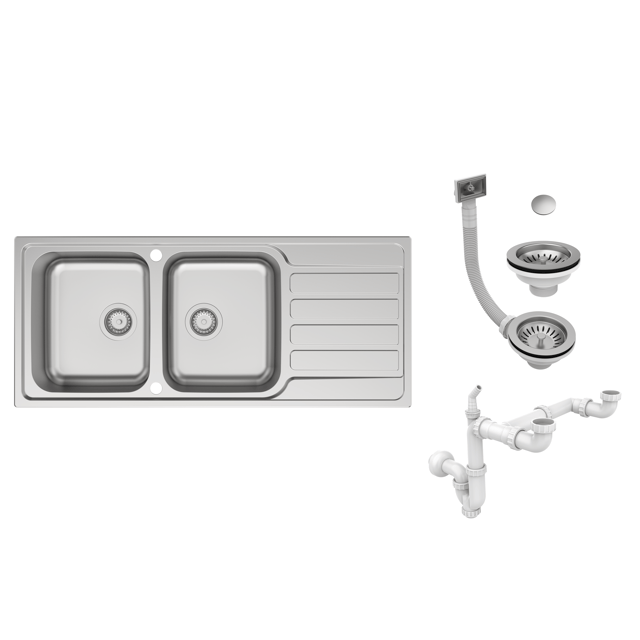 Evier à encastrer 2 bacs avec égouttoir, HURON, Inox micro structuré