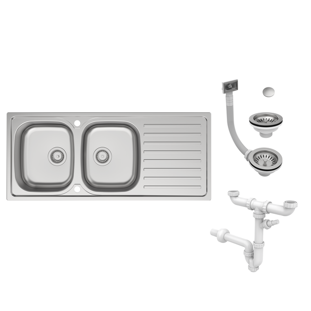 Evier à encastrer 2 bacs avec égouttoir, ESSENTIEL, Inox anti-rayures