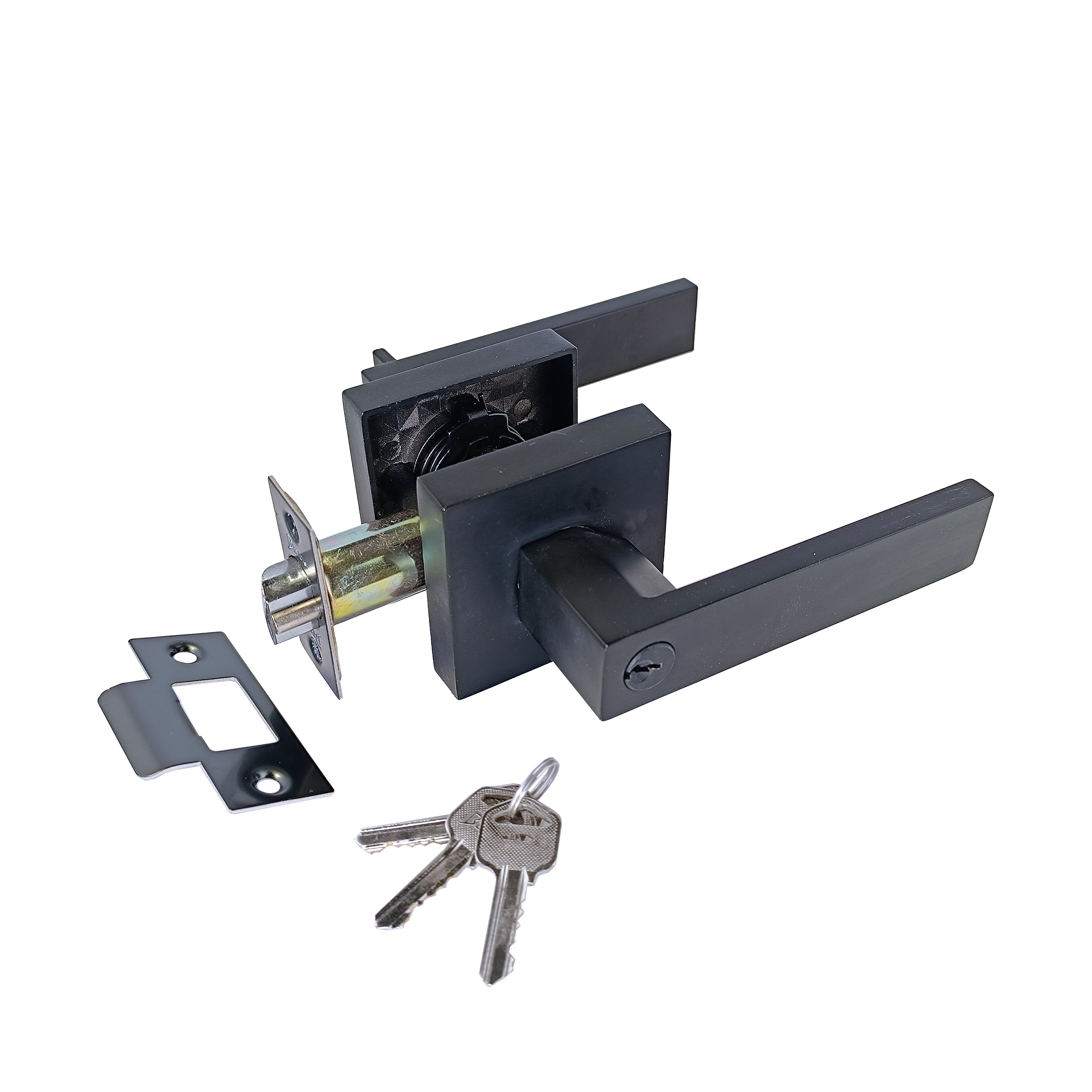 Home Improvement Direct Manija De Puerta De Entrada Con Llave, Manija De Puerta Exterior/interior Con Cerradura Y Diferentes Llaves, Cerradura Cuadrada Reversible Negro Mate Para Dormitorio, Baño