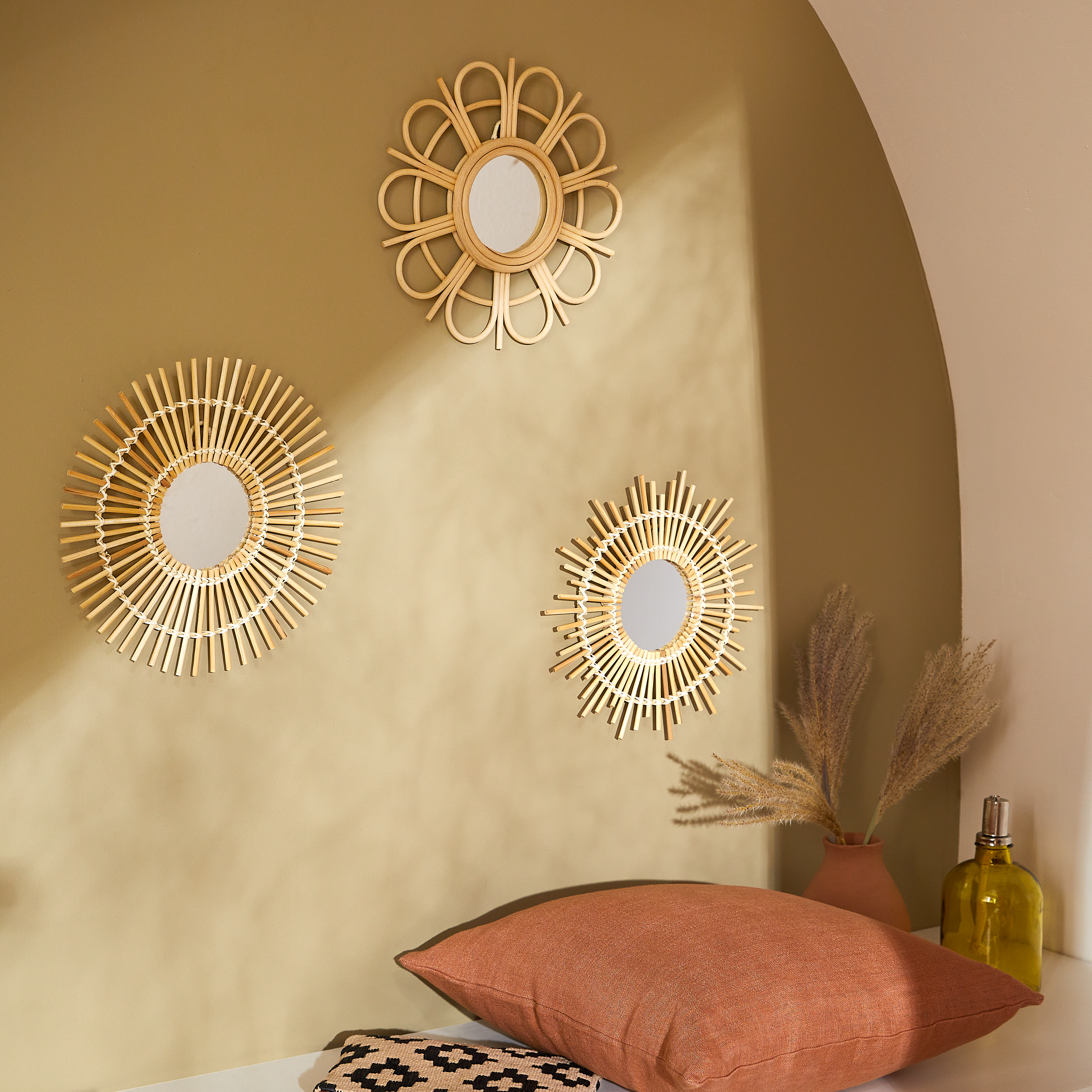 Assortiment de 3 miroirs rond beige Bambou INSPIRE diam.30 cm - 3