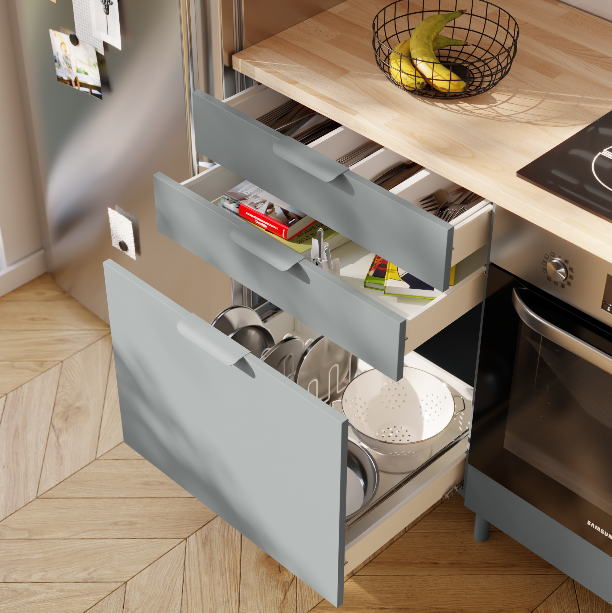 Meuble bas de cuisine Eleki gris 3 tiroirs H87.1 x l60 - 6