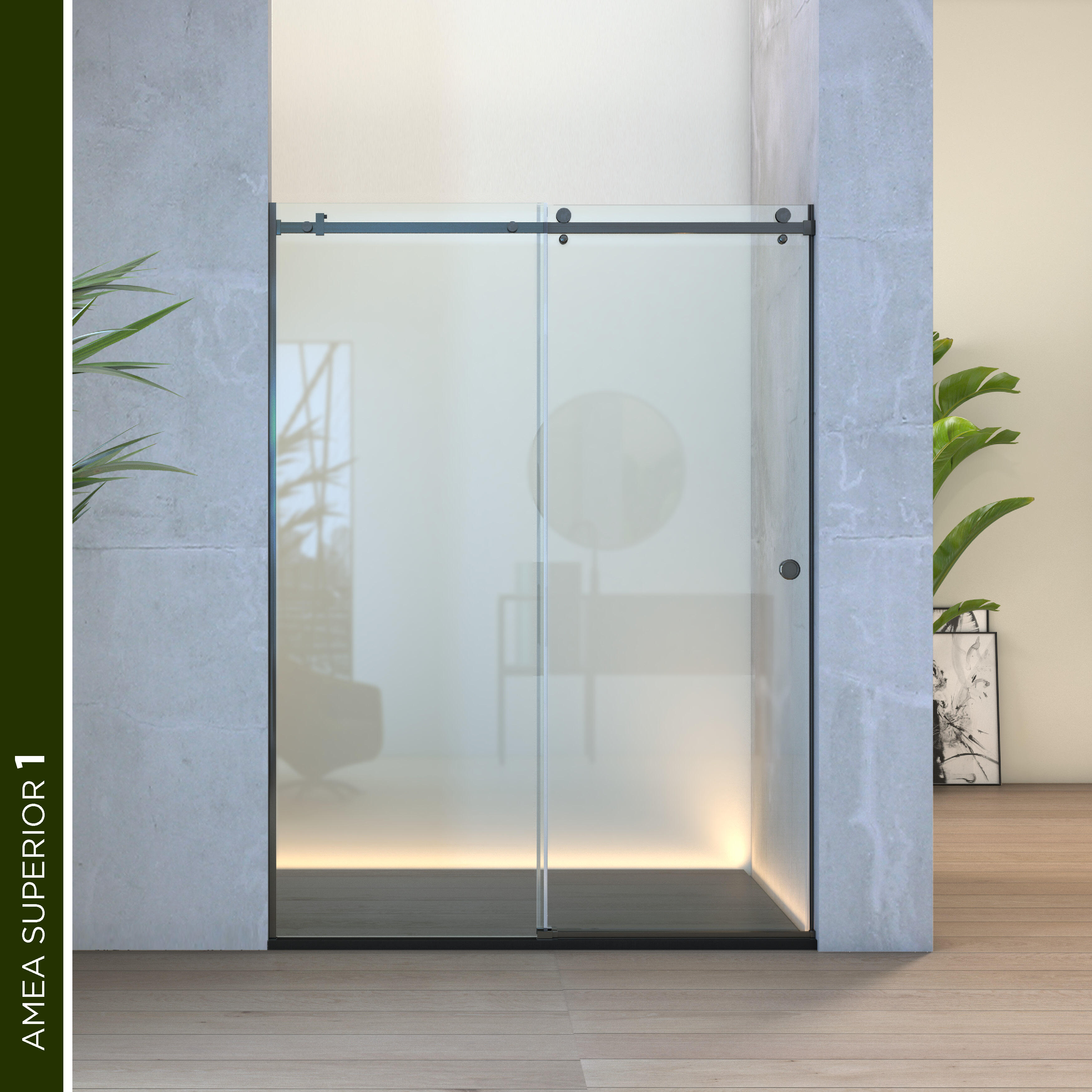 Mampara de ducha frontal 1 fijo + 1 puerta corredera transparente amea superior perfil acero inoxidable negro (161-170)x200 cm cristal 8mm cierre magnético sin guía inferior marca glassinox