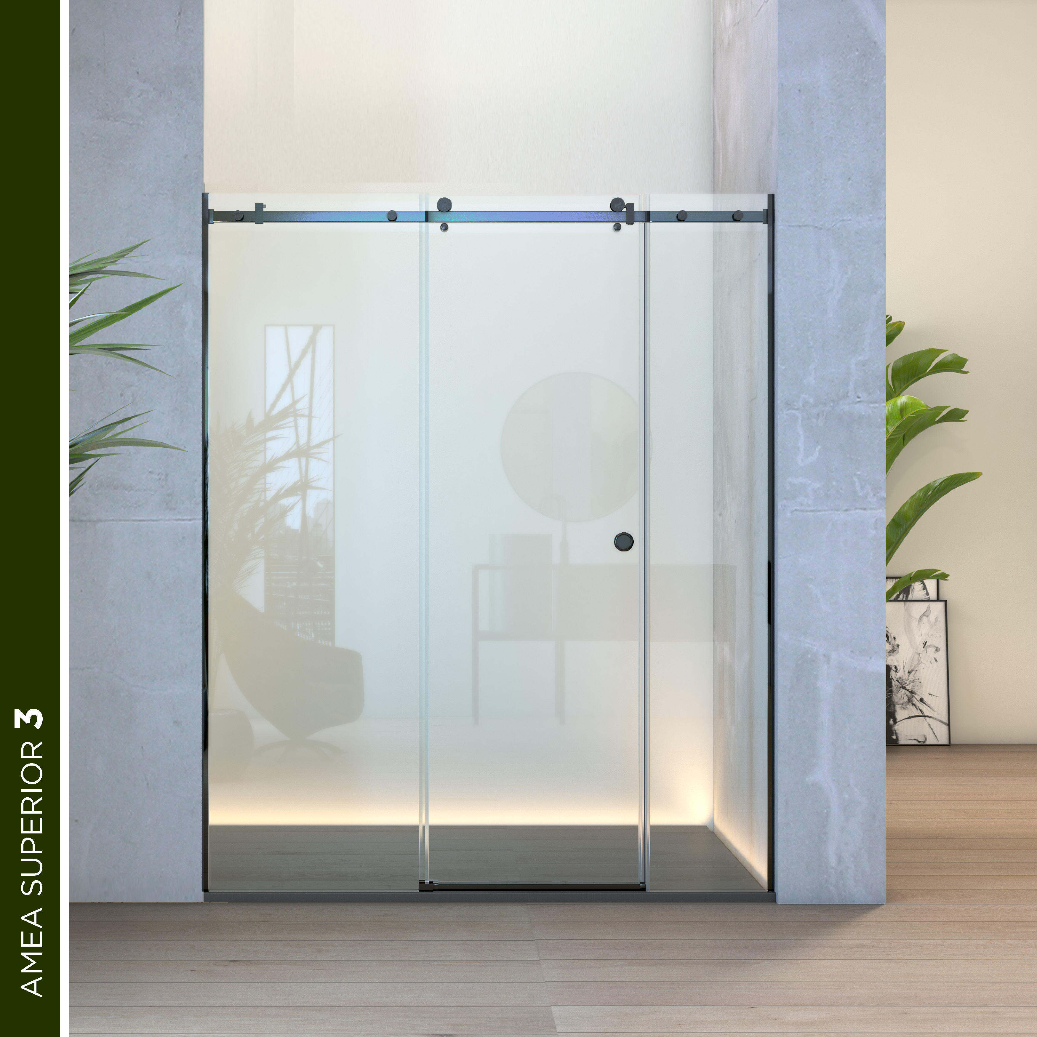 Mampara de ducha frontal 2 fijos + 1 puerta corredera transparente amea superior perfil acero inoxidable negro (171-180)x200 cm cristal 8mm cierre magnético sin guía inferior marca glassinox