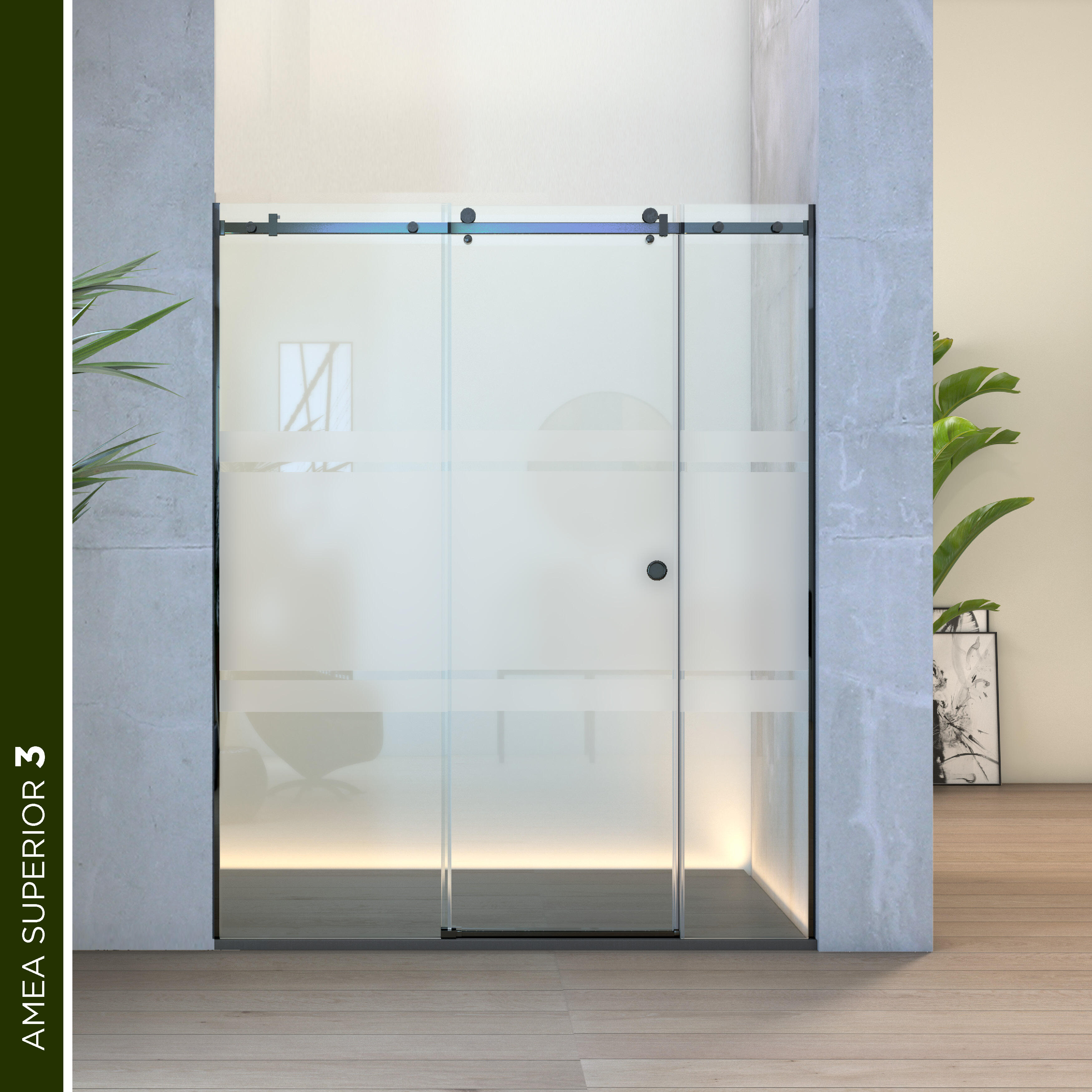 Mampara de ducha frontal corredera serigrafiada amea superior perfil negro (181-190)x200 cm