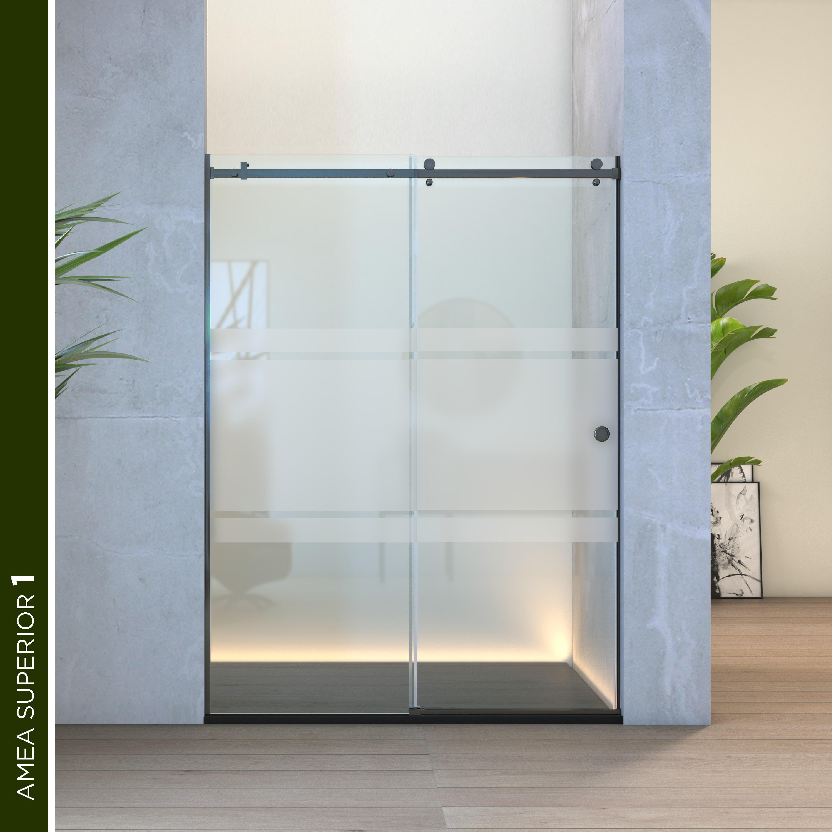 Mampara de ducha frontal 1 fijo + 1 puerta corredera serigrafiada amea superior perfil acero inoxidable negro (131-140)x200 cm cristal 8mm cierre magnético sin guía inferior marca glassinox