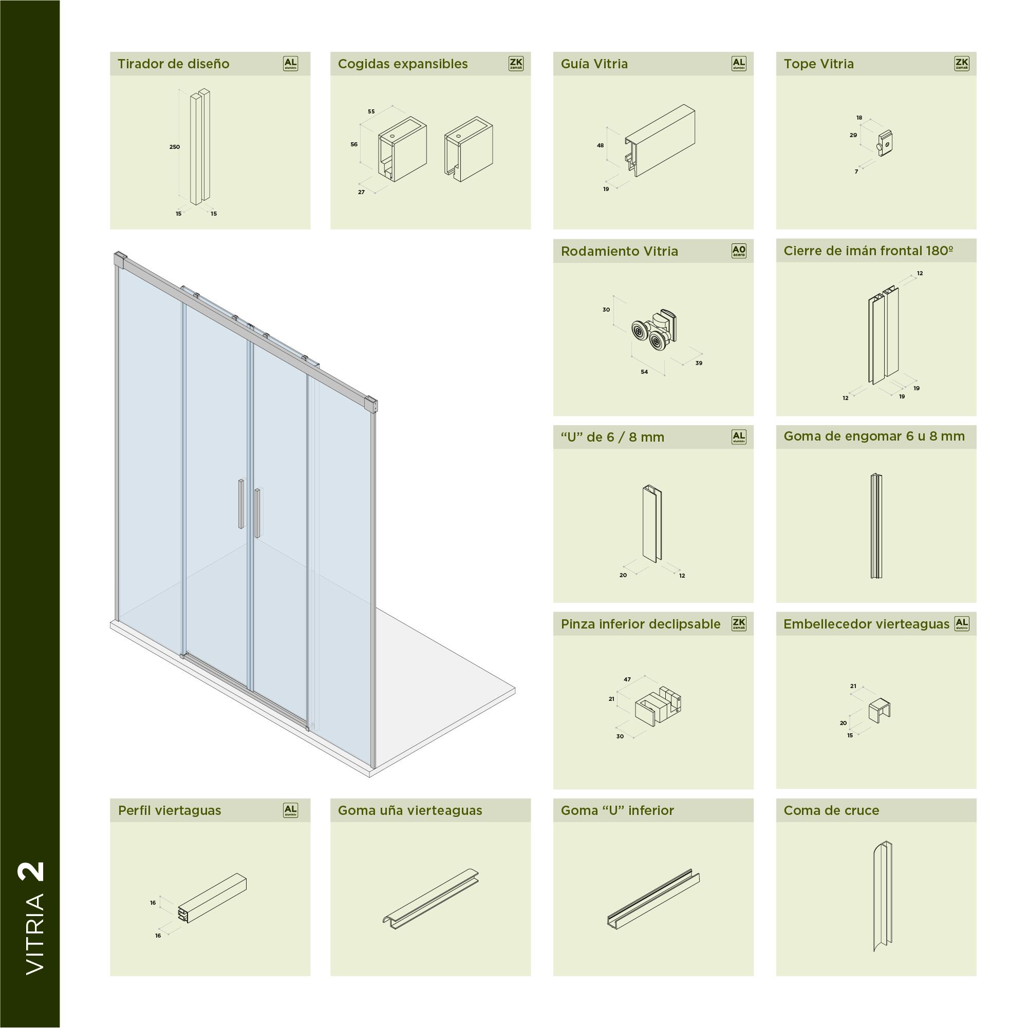 Mampara de ducha frontal 2 fijos + 2 puertas corredera transparente Vitria perfil aluminio cromo (135-140)x199.2 cm cierre magnético marca Glassinox - 15