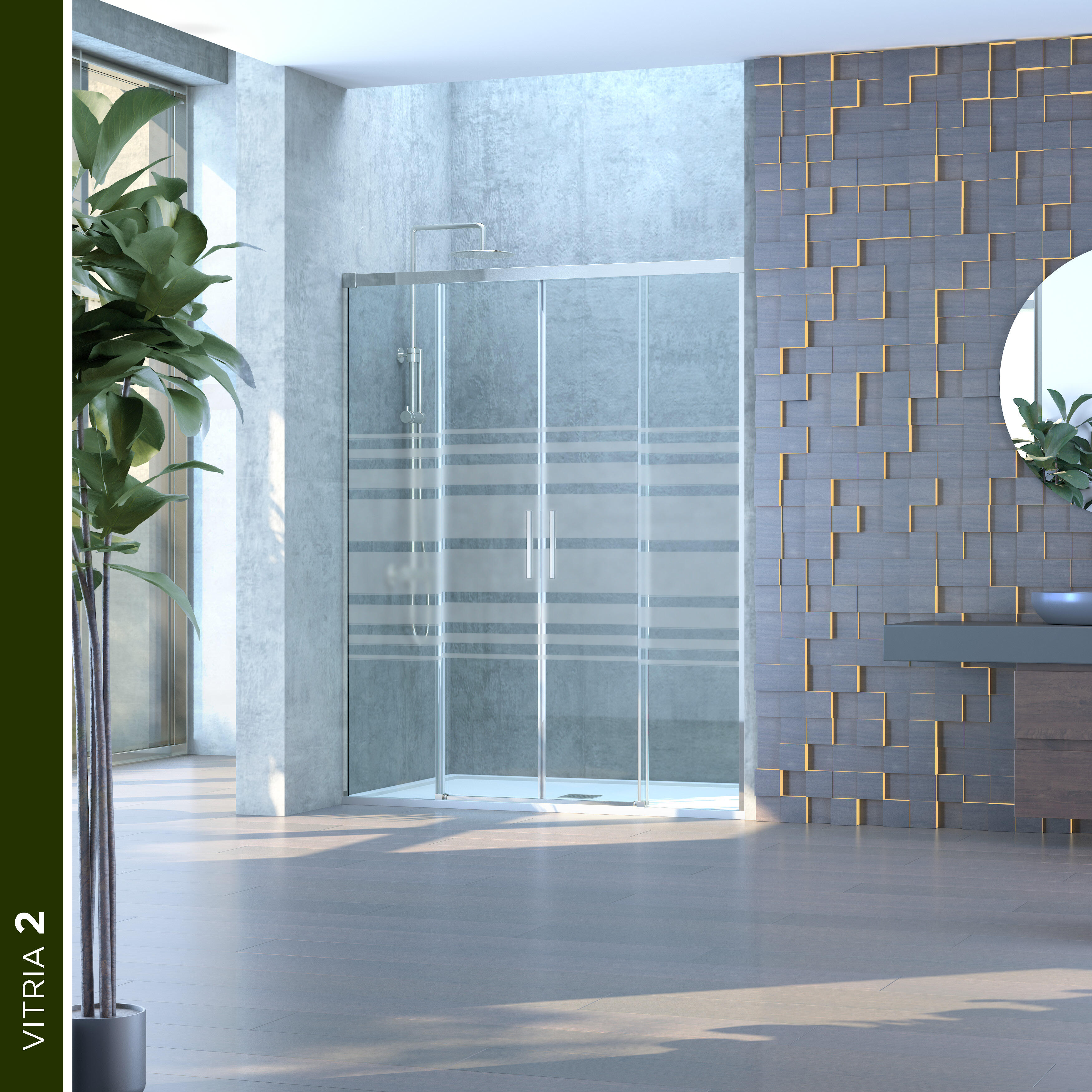 Mampara de ducha frontal 2 fijos + 2 puertas corredera serigrafiada vitria perfil aluminio cromo (185-190)x199.2 cm cierre magnético marca glassinox