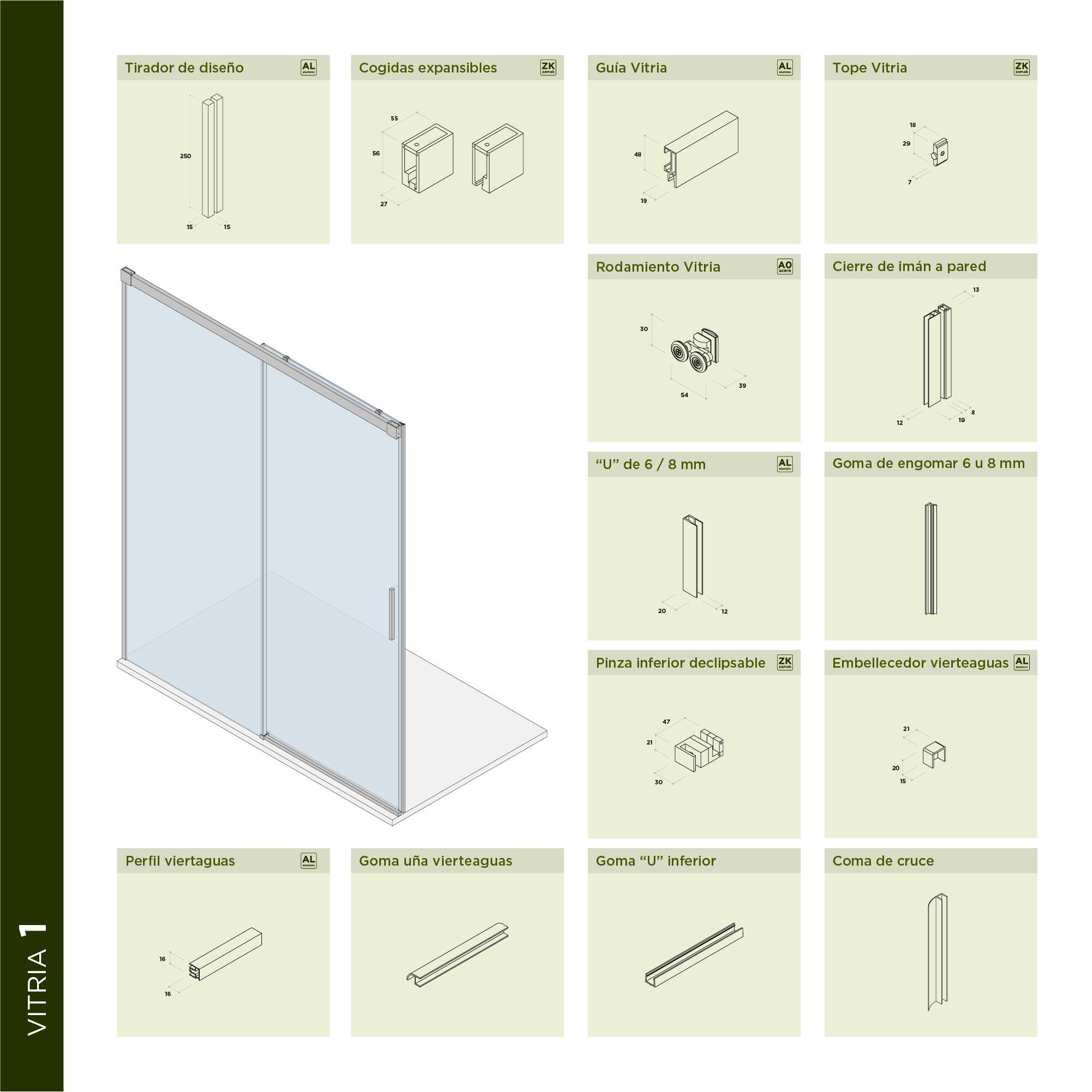 Mampara de ducha frontal 1 fijo + 1 puerta corredera serigrafiada Vitria perfil aluminio cromo (135-140)x199.2 cm cierre de sobreponer marca Glassinox - 15