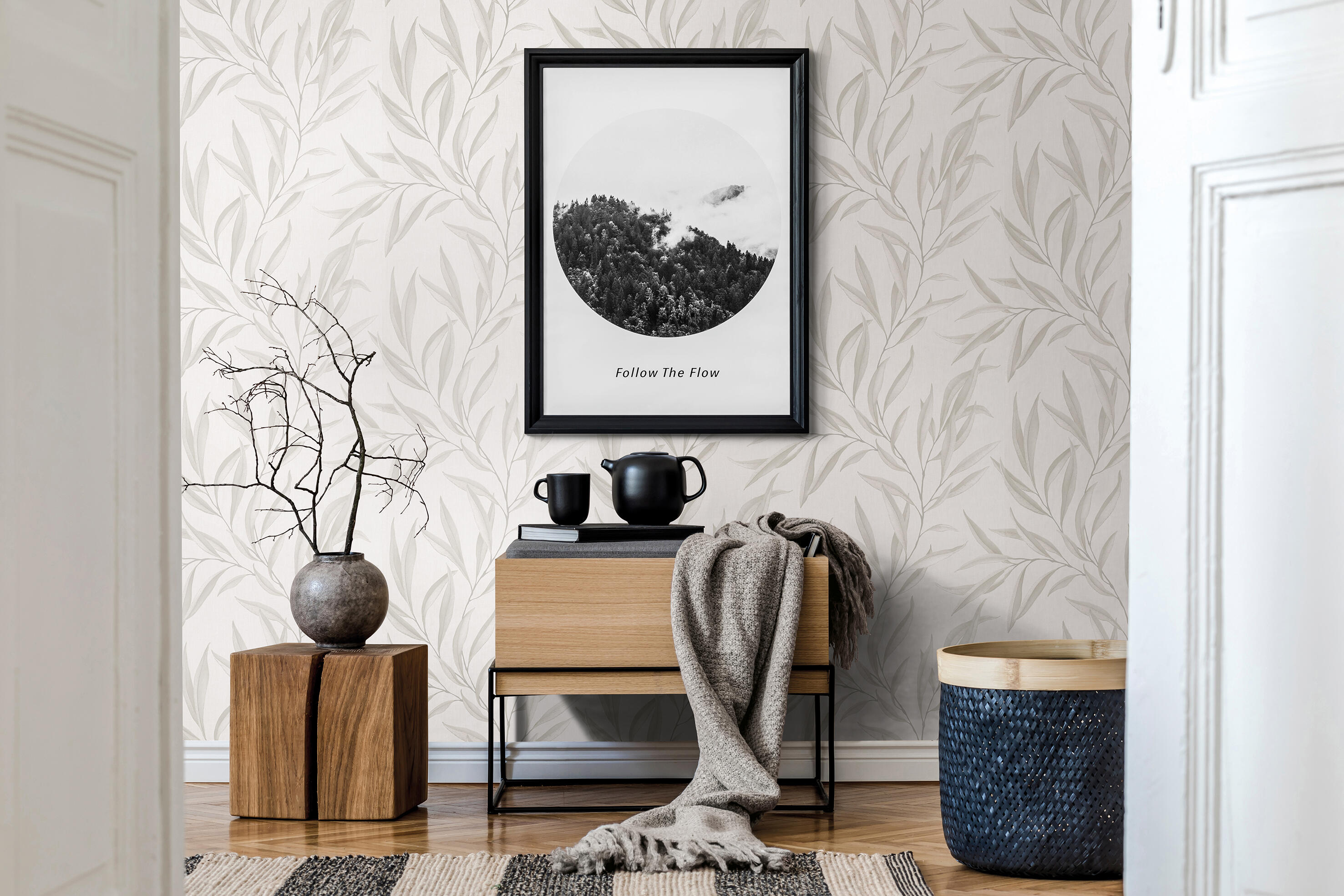Papel pintado tnt aplicación cola en pared botánico plantas o floral gris marburg 53cmx10m superlavable