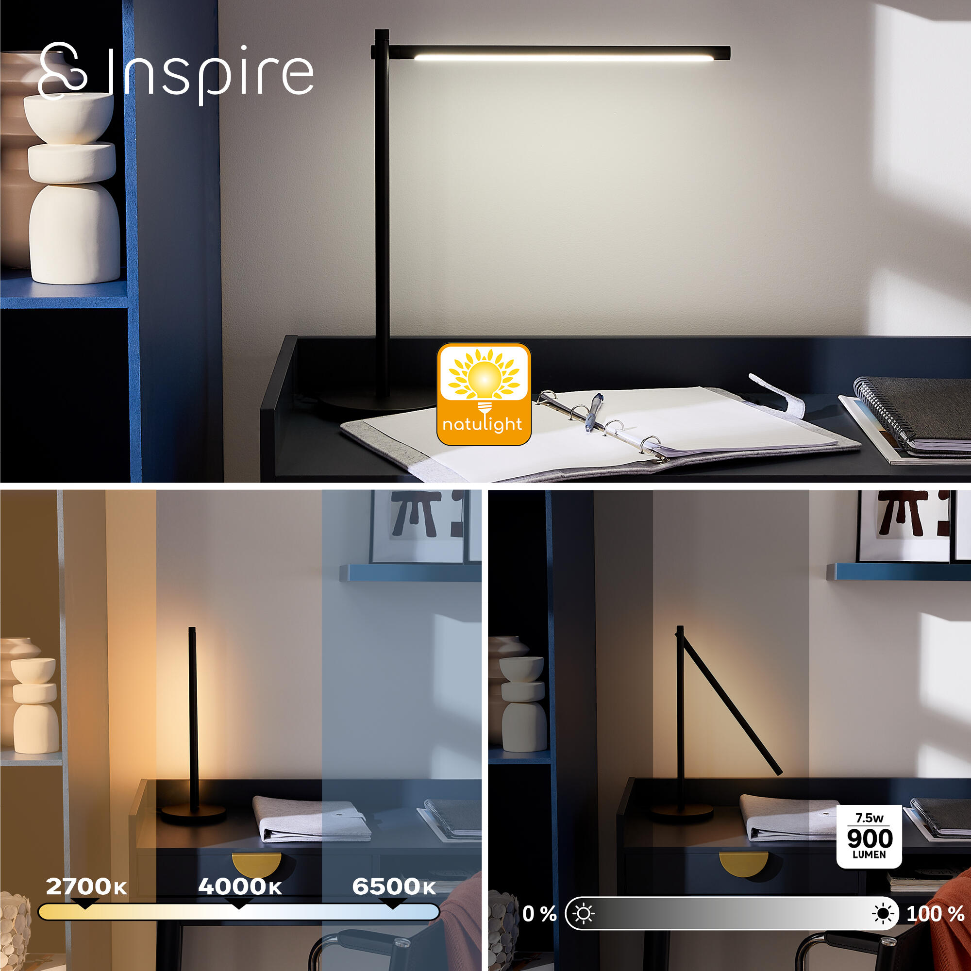 Flexo para escritorio LED Delgado INSPIRE con estructura de hierro negro CCT 3000K-5000K - 6