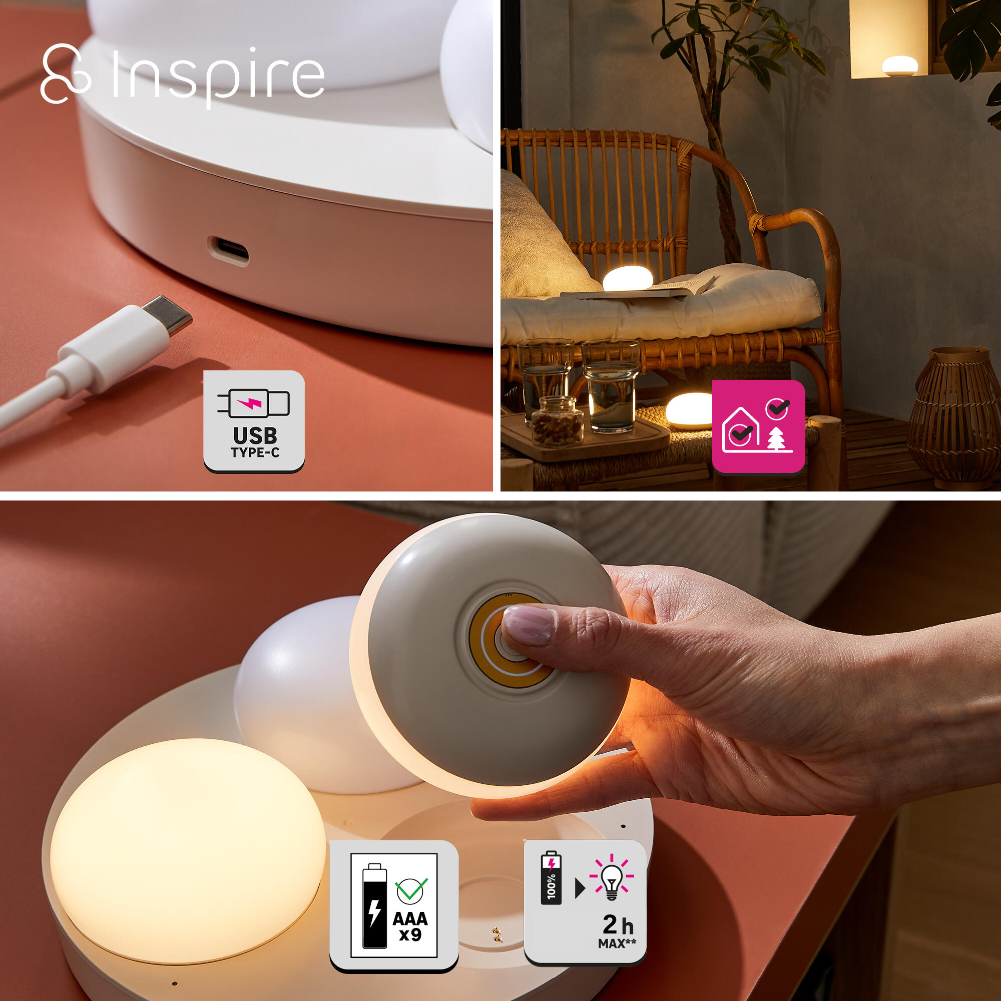 Pack 3 Lámparas de mesa recargables y sin cables LED Alawa INSPIRE con estructura beige pantalla blanca luz cálida 3000K Ø de 21 cm - 5