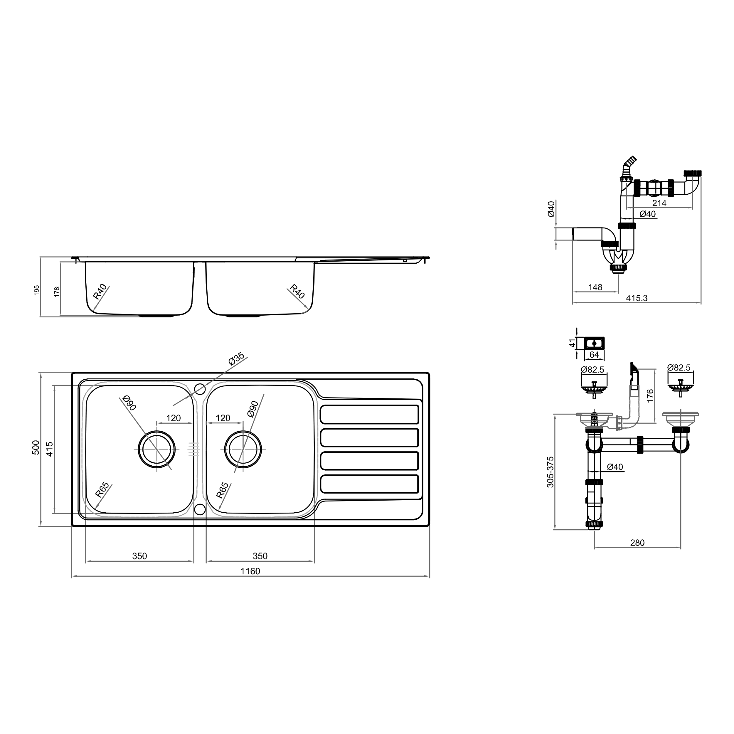 Evier à encastrer 2 bacs avec égouttoir, HURON, Inox micro structuré - 4