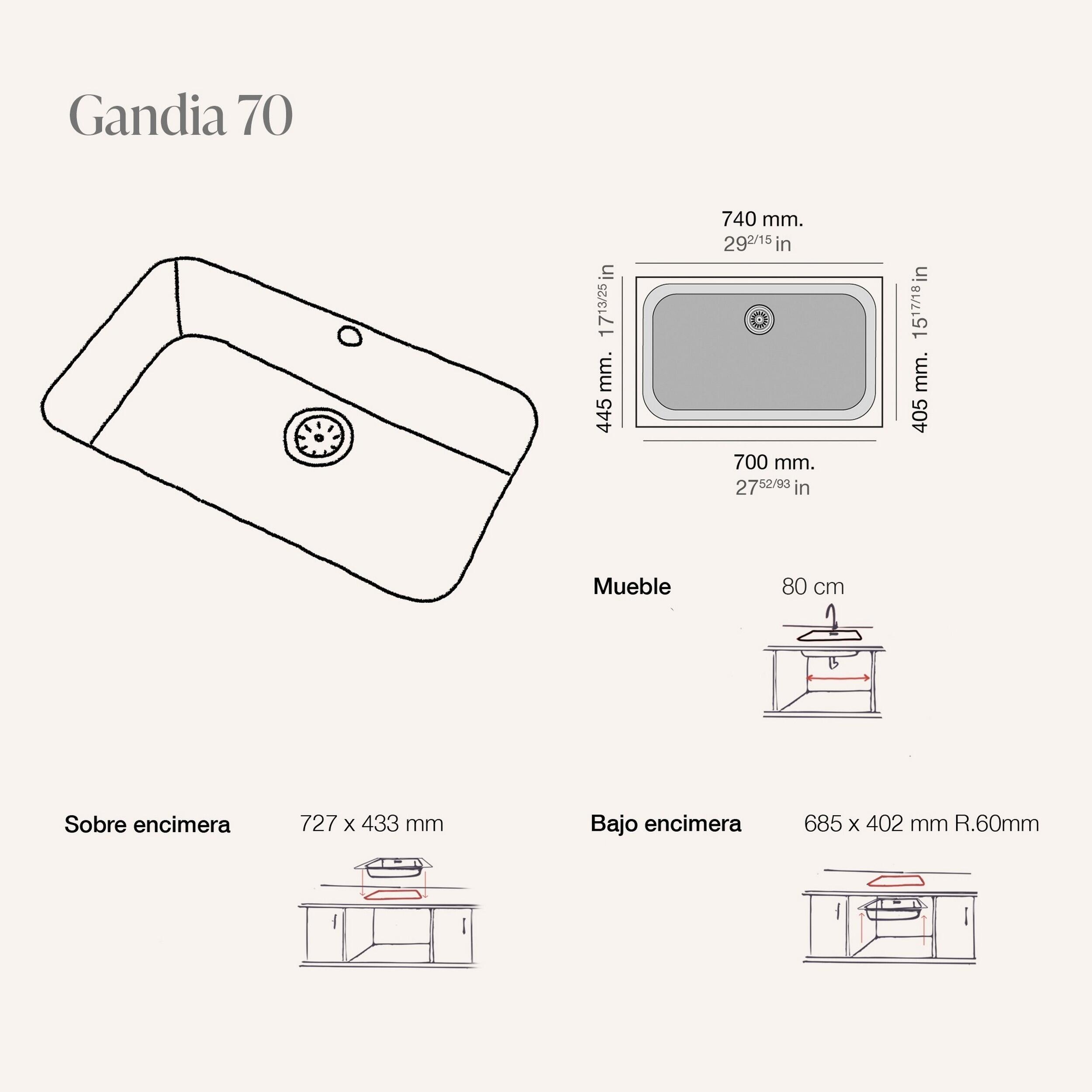 Fregadero cocina Poalgi Gandia bajo encimera 1 seno 74x44.5 cm resina blanco mueble a partir de 80 cm - 4