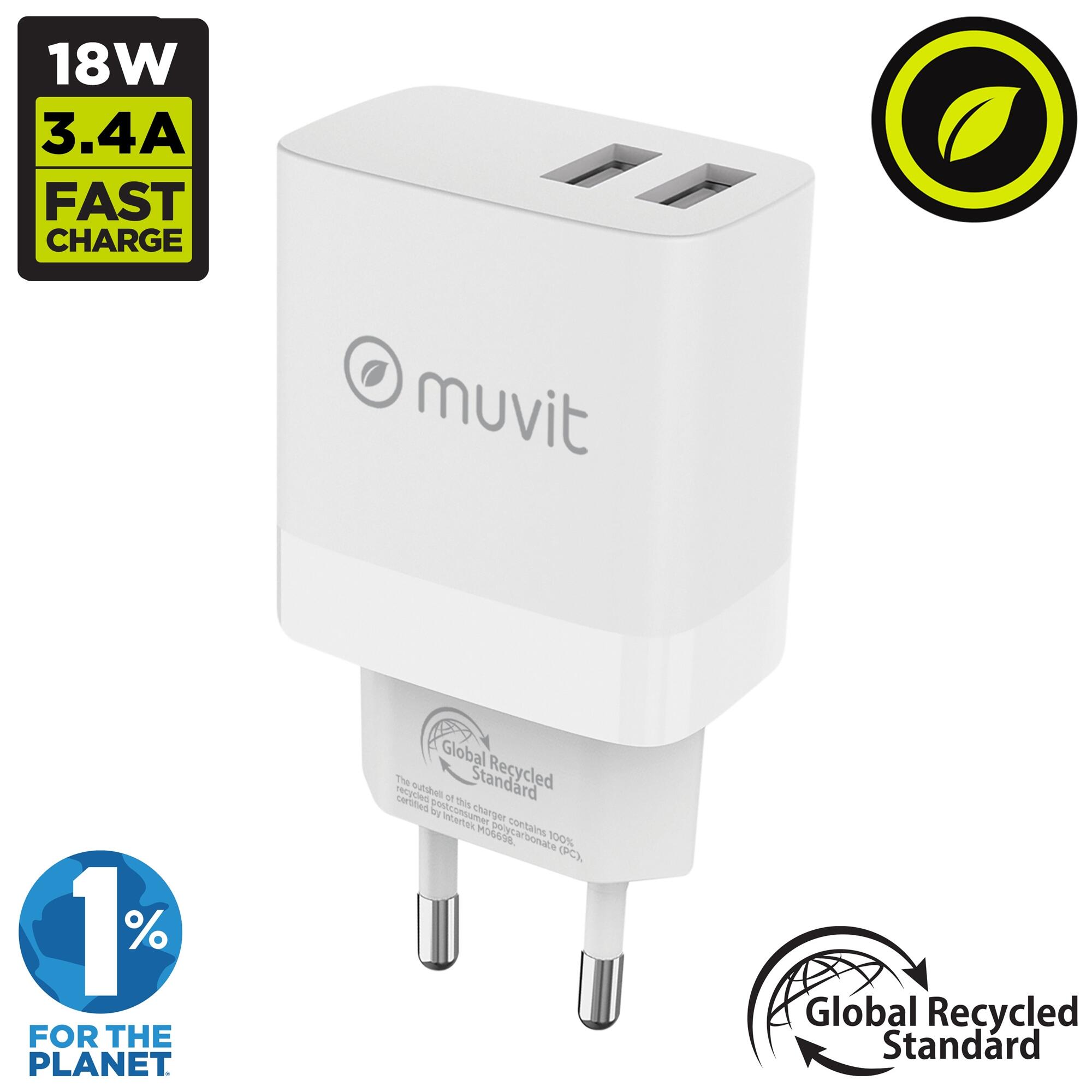 Cargador de pared muvit for change 2 usb 3.4a/18w blanco