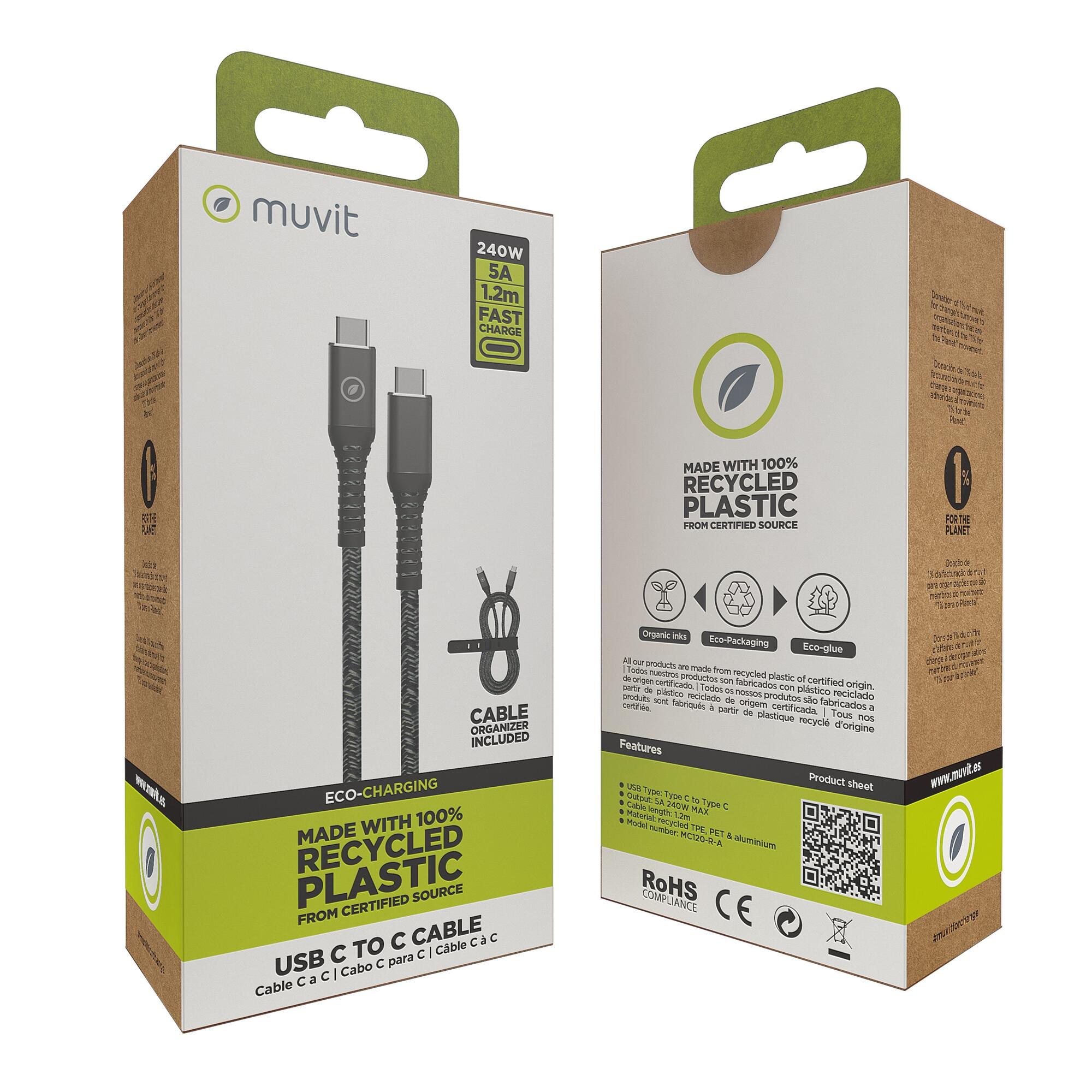 Cable muvit for change tipo c a tipo c 5a/240w 1.2m resistente negro