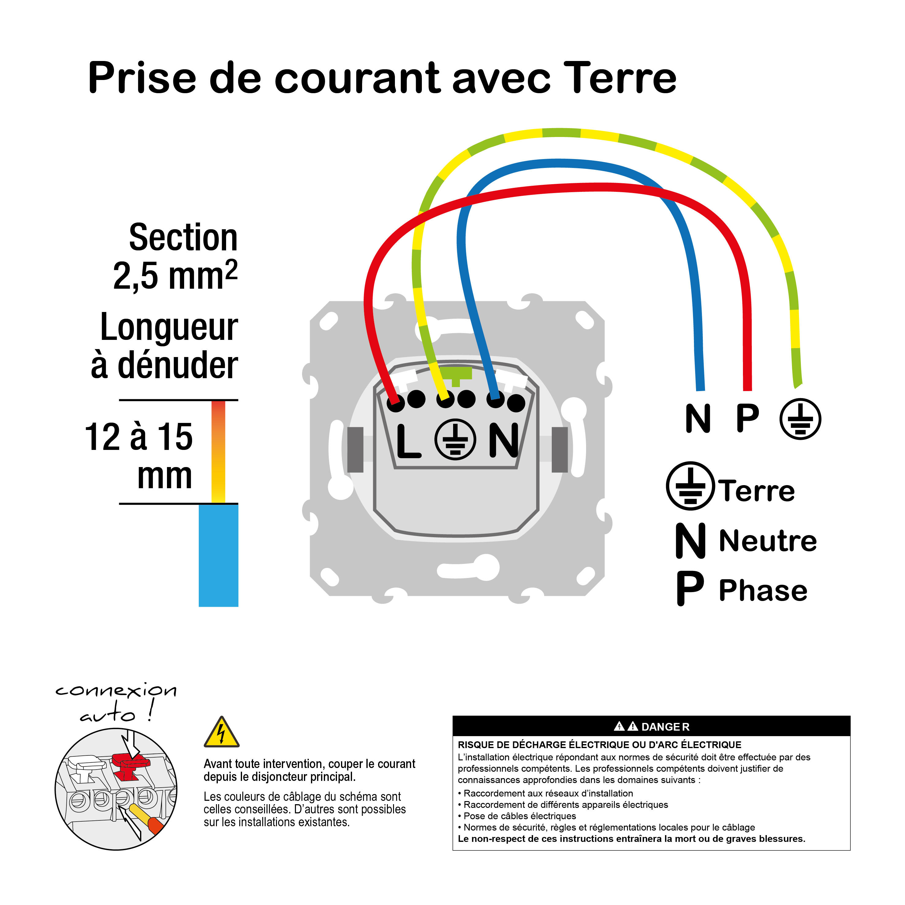 Prise avec terre affleurante à assembler Odace, SCHNEIDER ELECTRIC, blanc - 3