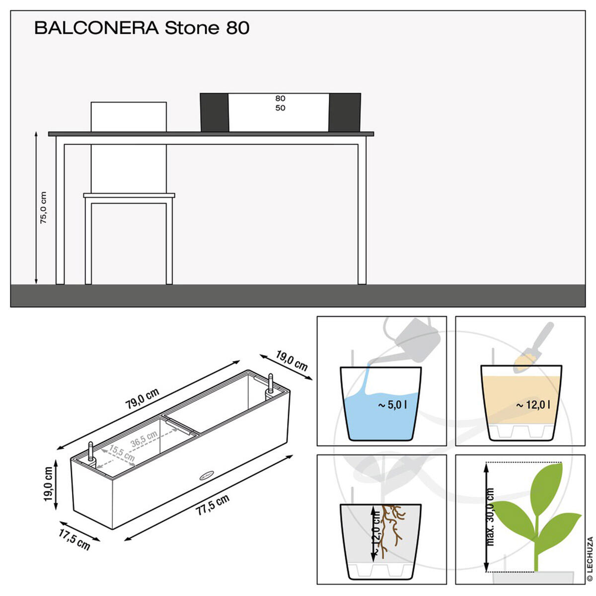Vaso autoirrigante Stone LECHUZA in polipropilene grigio H 19 x L 79 x P 19 cm - 8