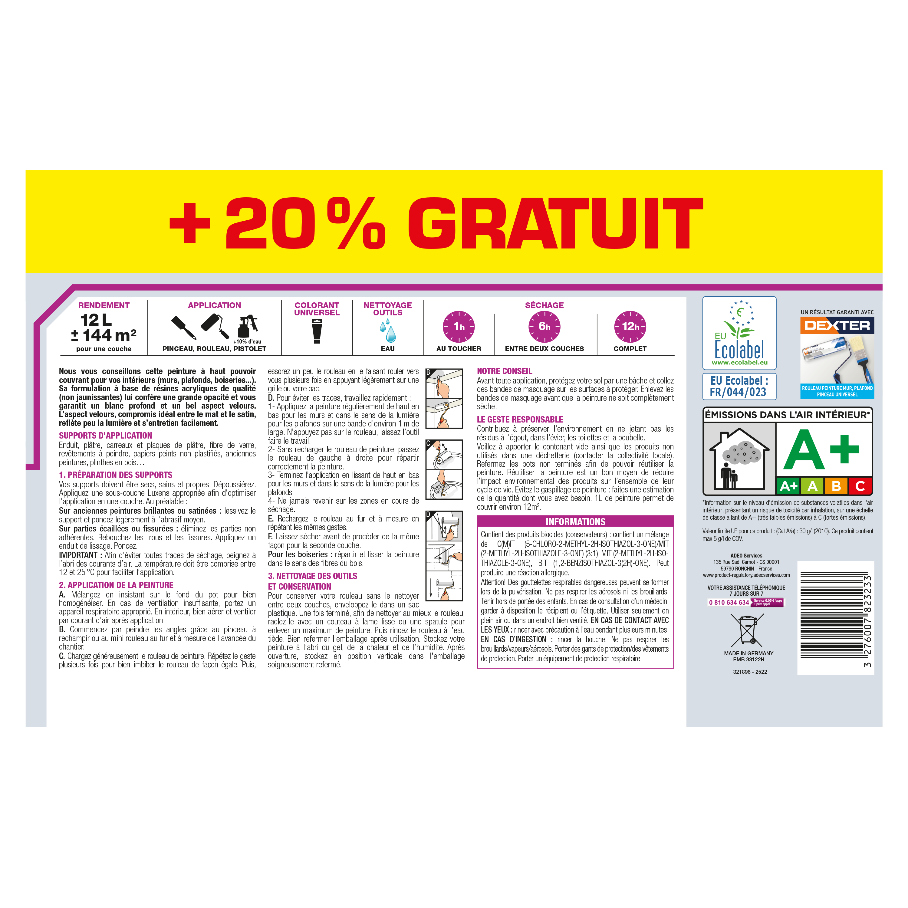 Peinture mur, plafond, boiserie blanc velours LUXENS Couvrant 10L+20% gratuit - 5