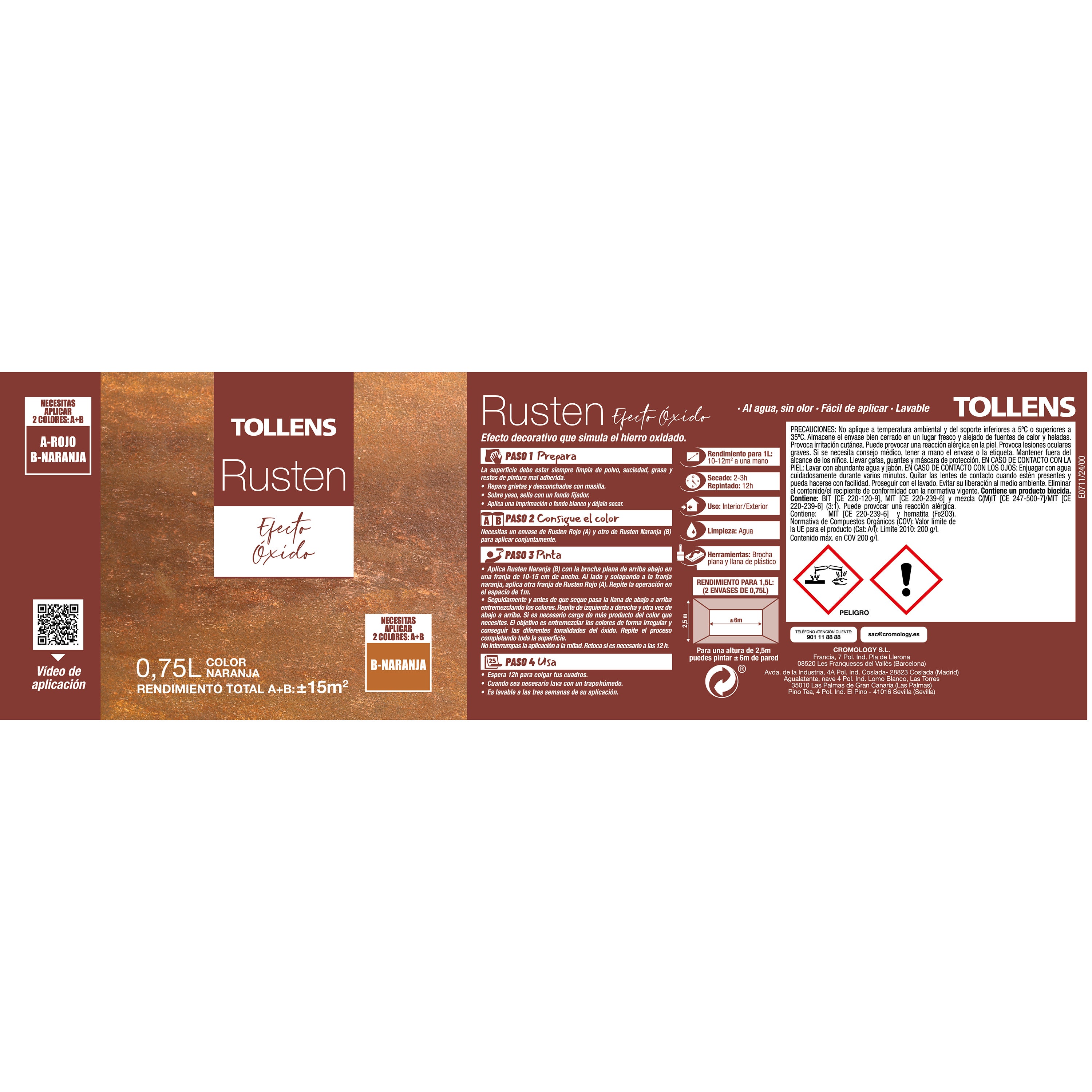 Pintura decorativa con efectos óxido Rusten TOLLENS color naranja 750ml acabado mate - 2