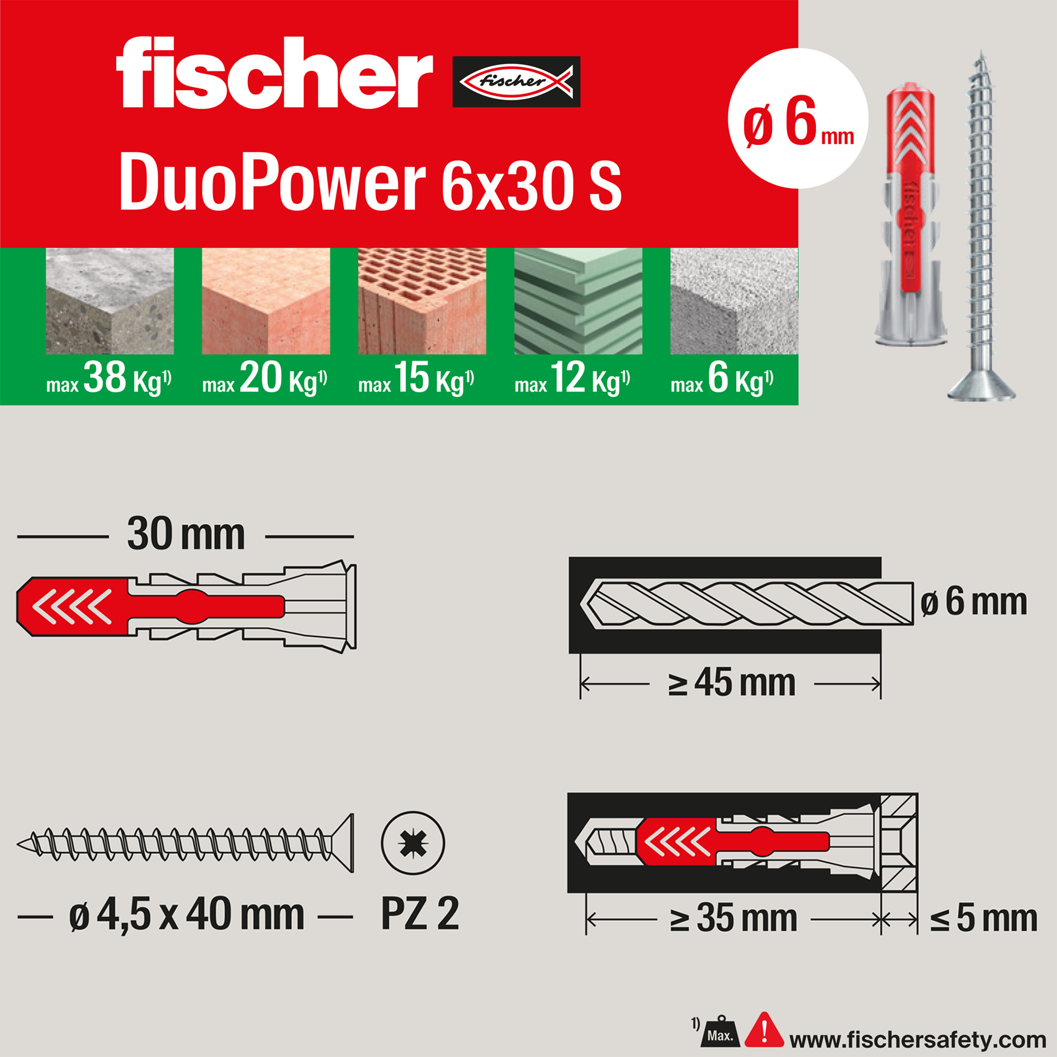 Set di tasselli con vite FISCHER Duopower 6 S Y in nylon ø 6x30 mm, 50 pezzi - 6