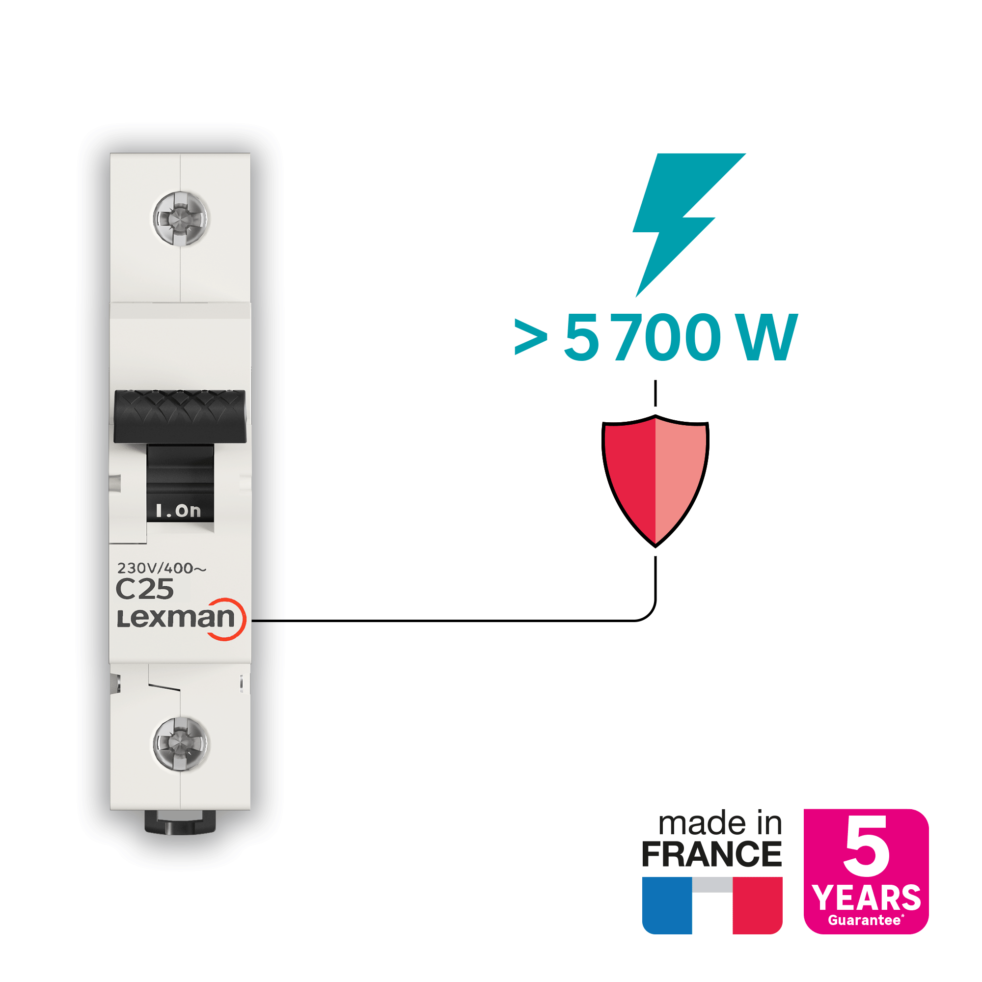 Disjuntor 1 polo curva C 25A conexão por parafuso capacidade de interrupção 6000A LEXMAN - 6