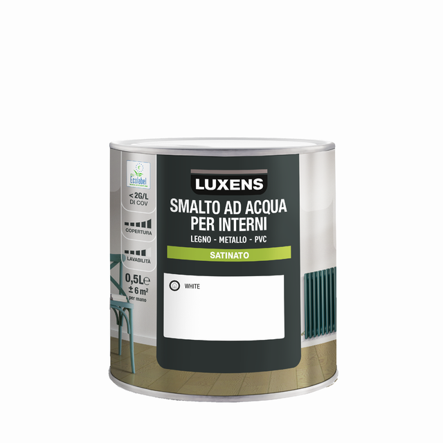 Smalto da interno per mobile super lavabile, LUXENS Legno, metallo e PVC bianco white satinato, 0.5 L