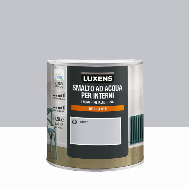 Smalto da interno per mobile super lavabile, LUXENS Legno, metallo e PVC grigio granit 5 lucido, 0.5 L