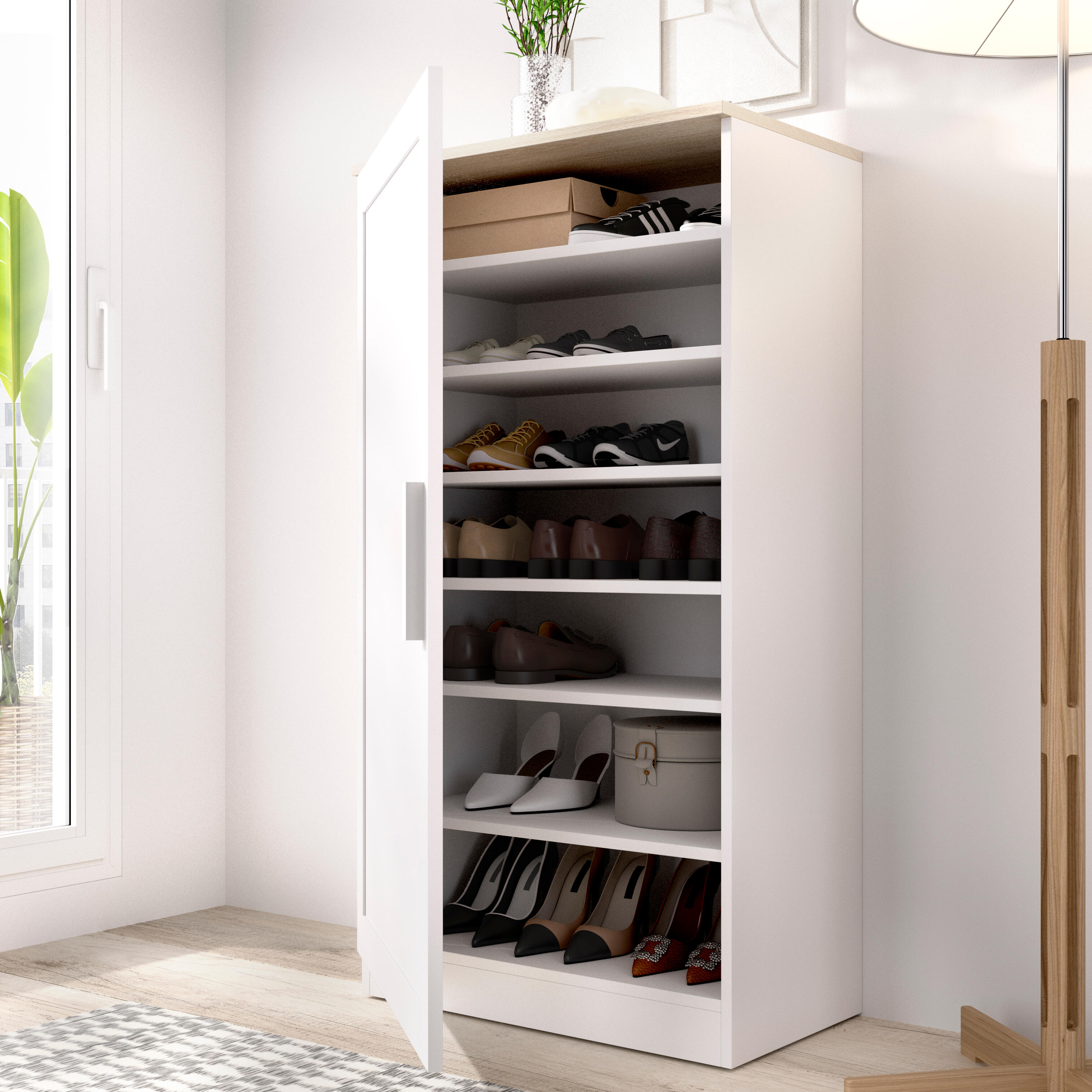 Zapatero Classic con 1 compartimento para 21 pares en melamina color blanco y roble 60x112.6x35 cm - 3