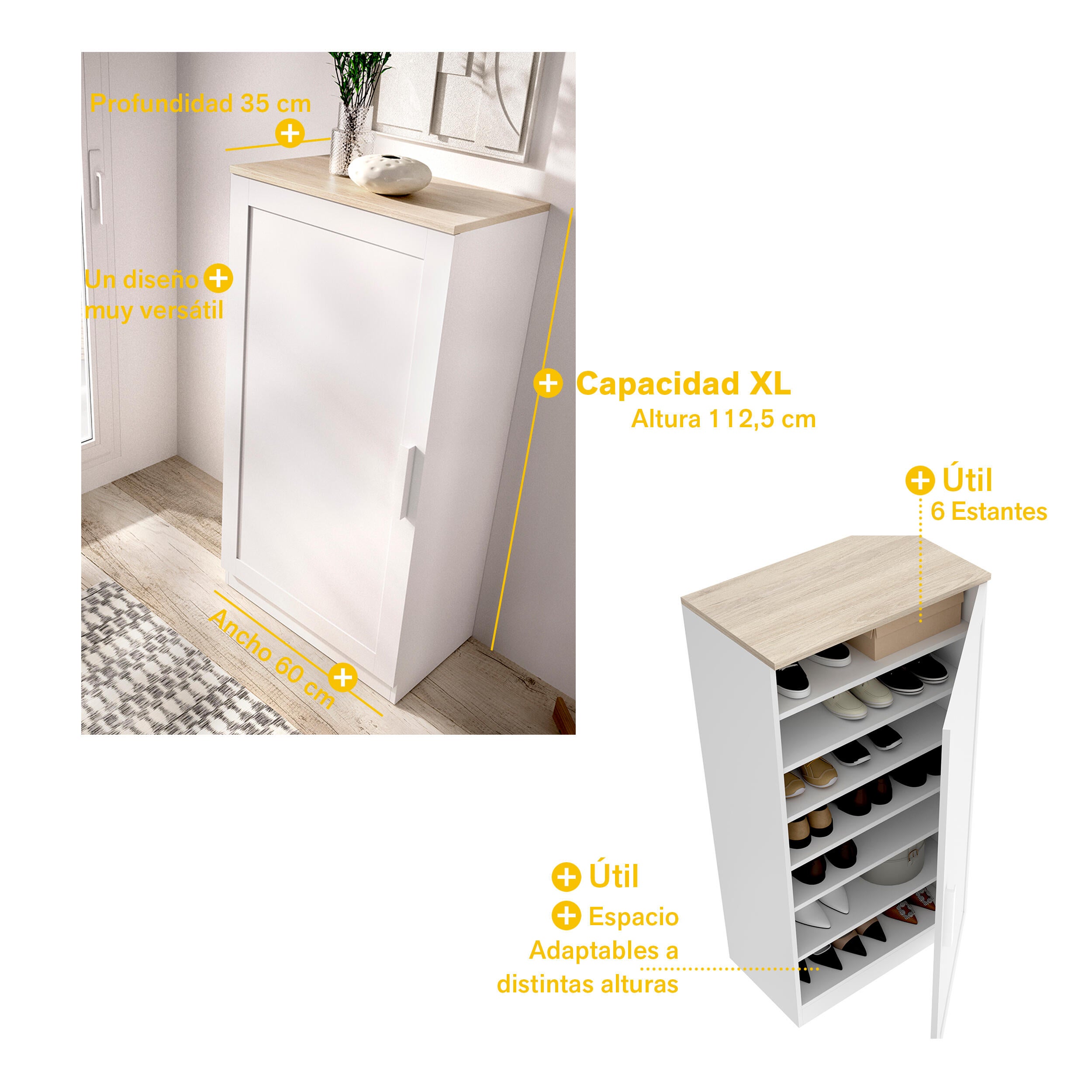 Zapatero Classic con 1 compartimento para 21 pares en melamina color blanco y roble 60x112.6x35 cm - 6