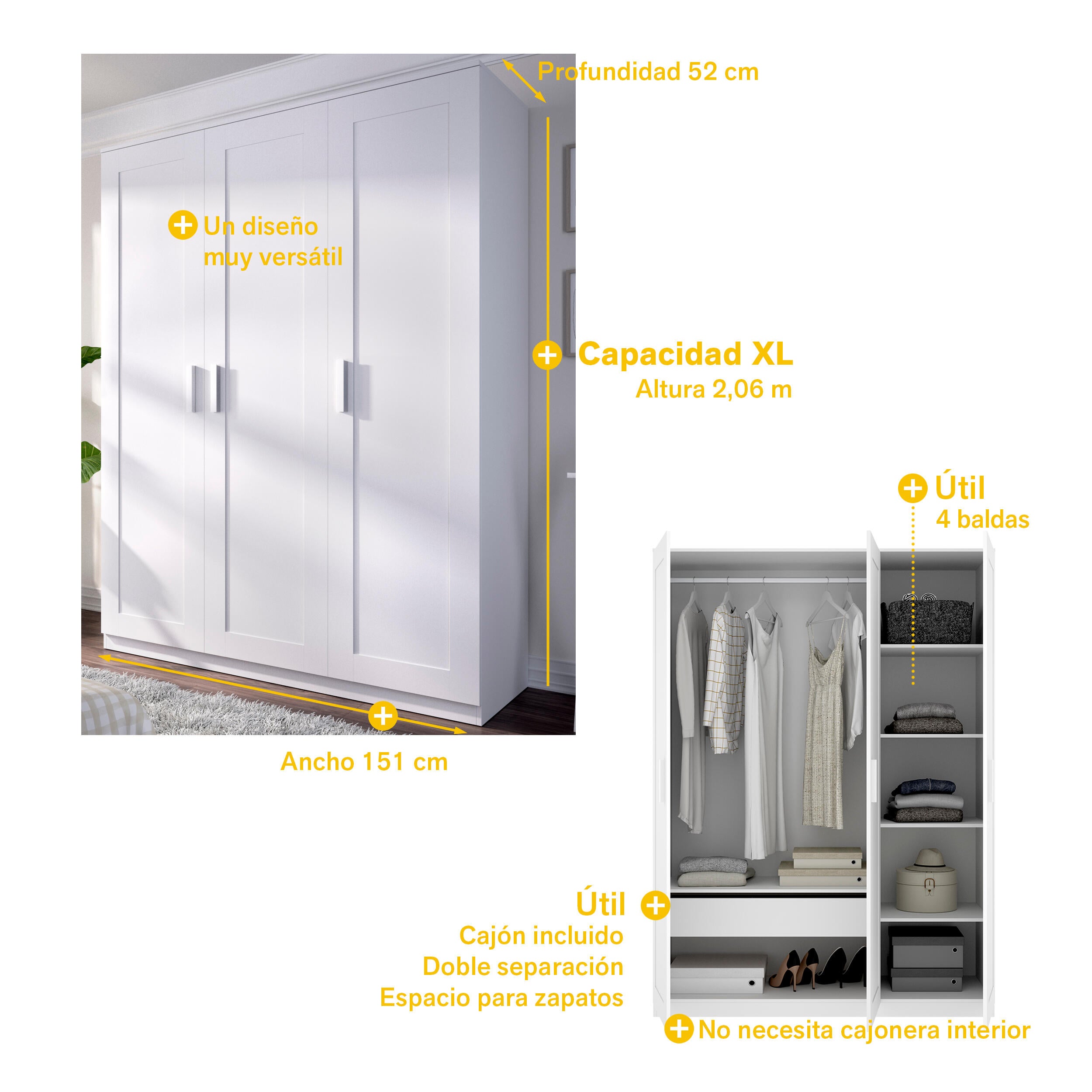 Roupeiro Classic 3 portas 151X52X206CM branco - 11