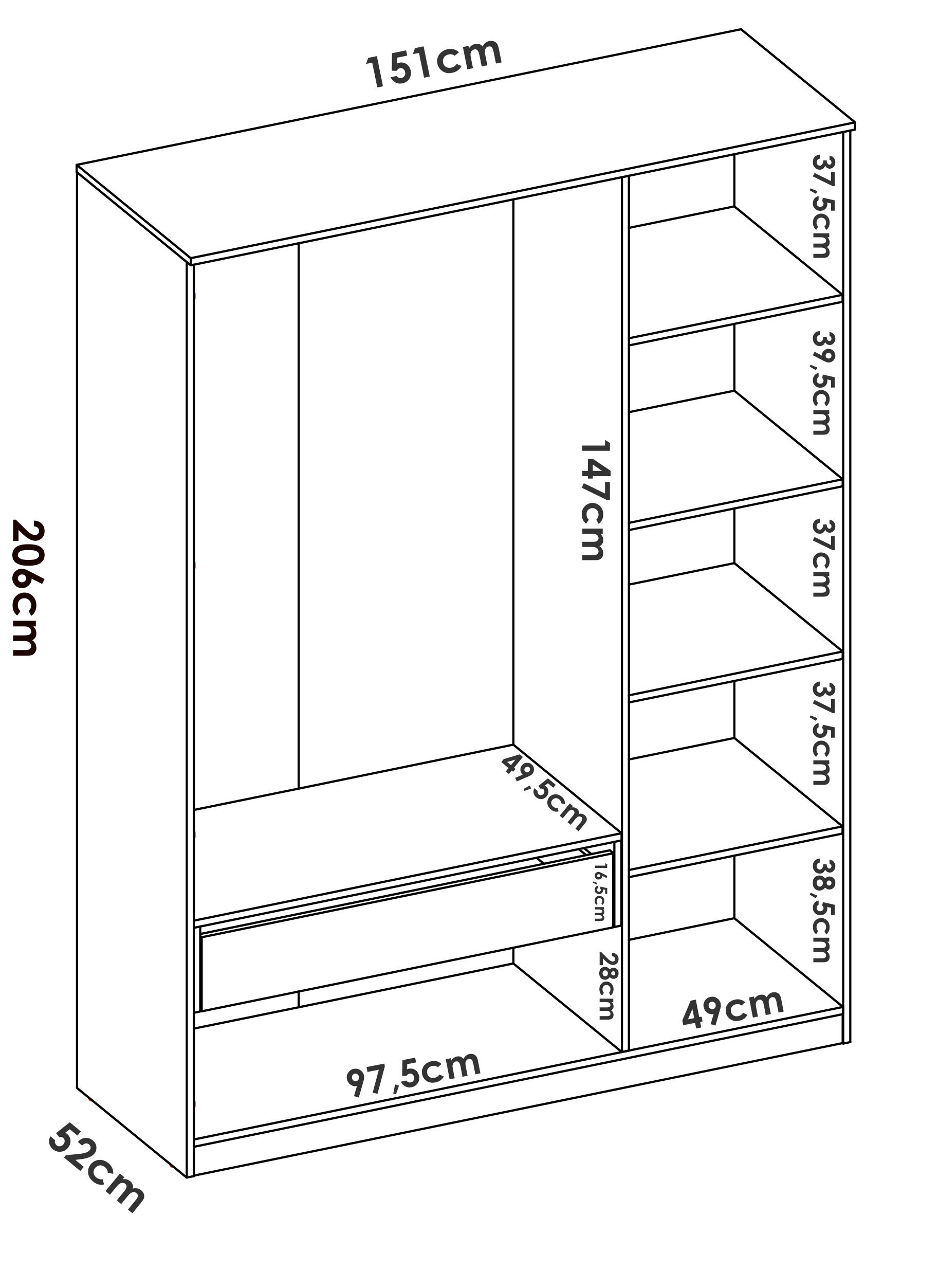 Armario puerta abatible Classic 151x206x52cm con 3 puertas color blanco 1 cajón - 5