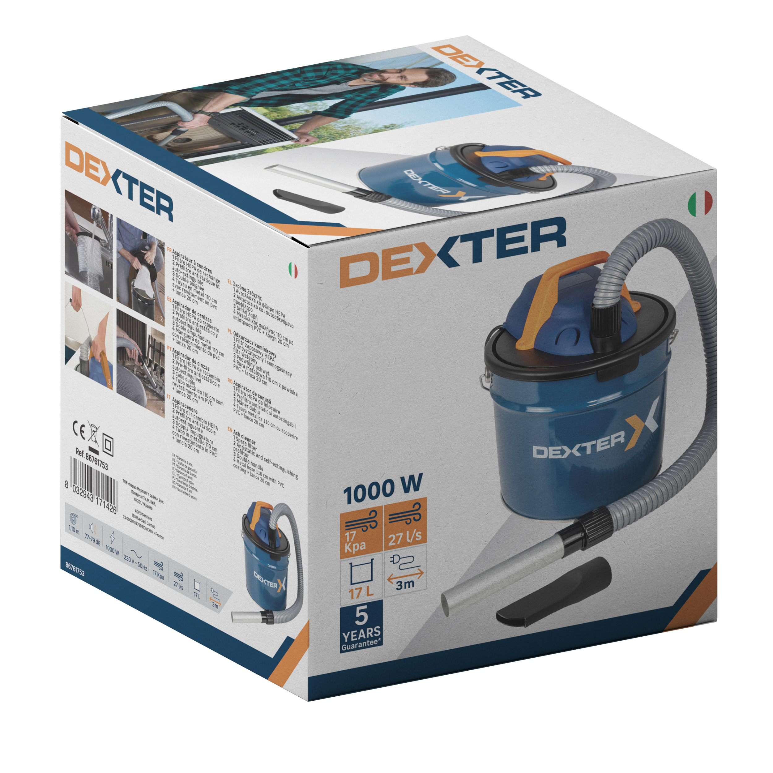Aspirador de cenizas DEXTER 1000W 17Lts filtro HEPA - Incluye: FILTROS - 3