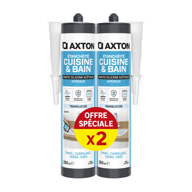 Lot de 2 mastics d'étanchéité Cuisine et bain AXTON transparent, 560 ml