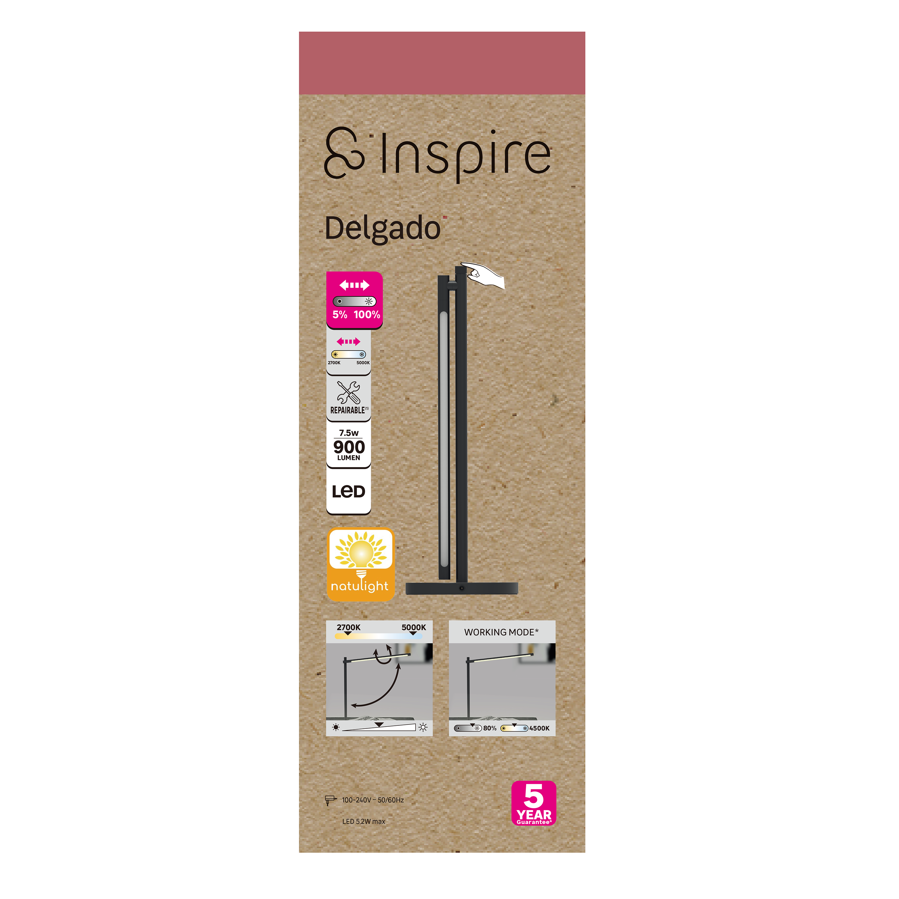 Flexo para escritorio LED Delgado INSPIRE con estructura de hierro negro CCT 3000K-5000K - 5