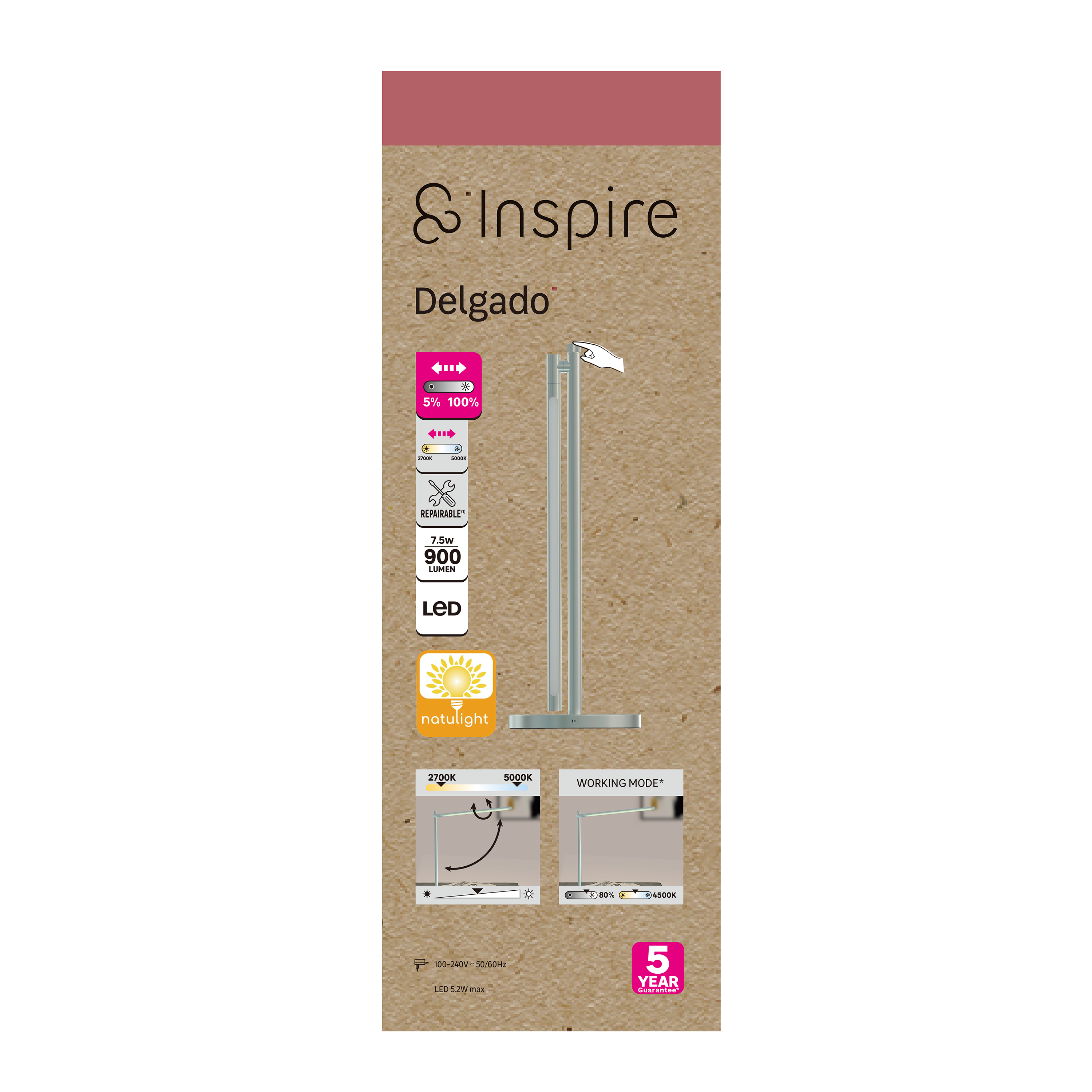 Flexo para escritorio LED Delgado INSPIRE con estructura de hierro gris CCT 3000K-5000K - 4