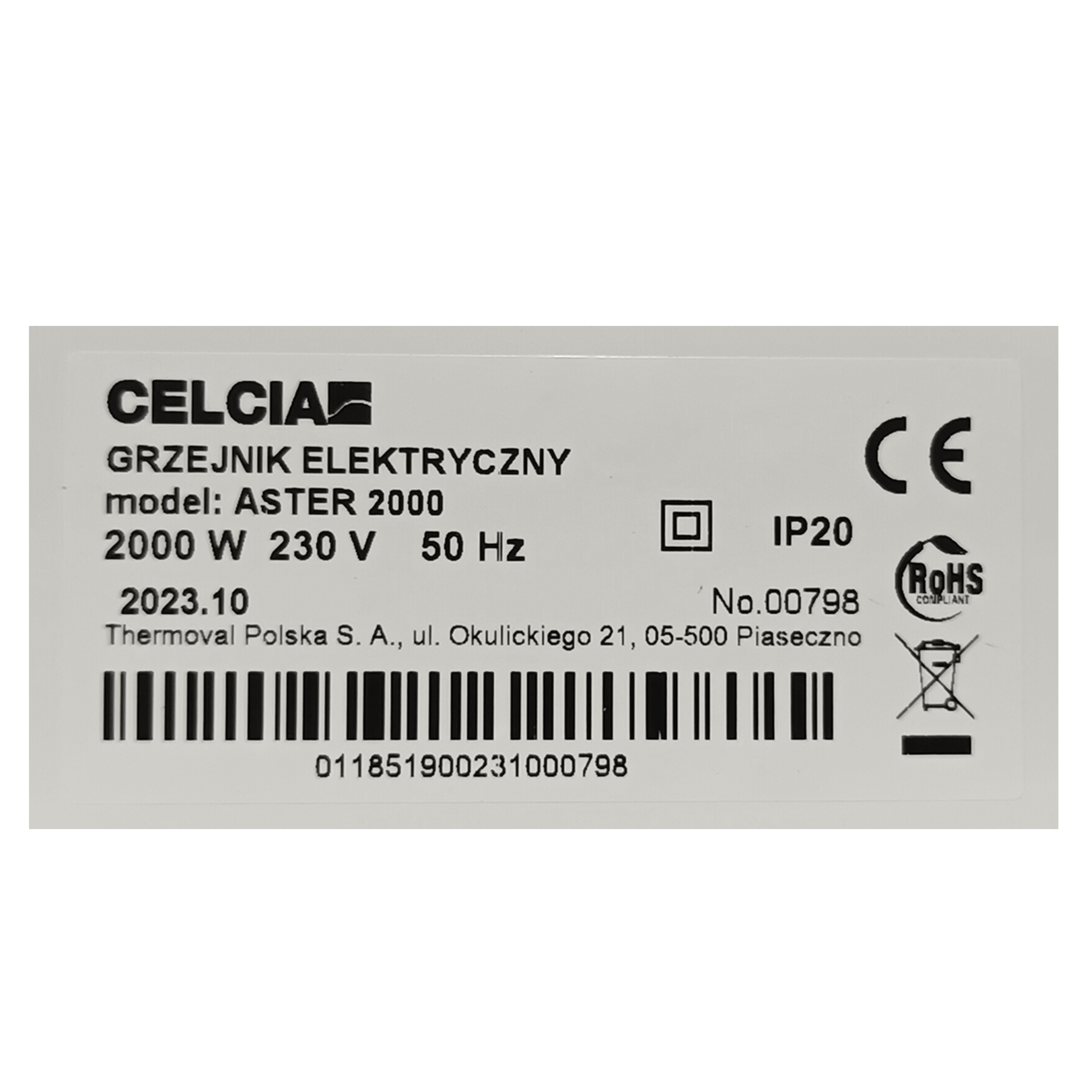 Grzejnik konwektorowy stały ASTER 2000W IP20 CELCIA - 2