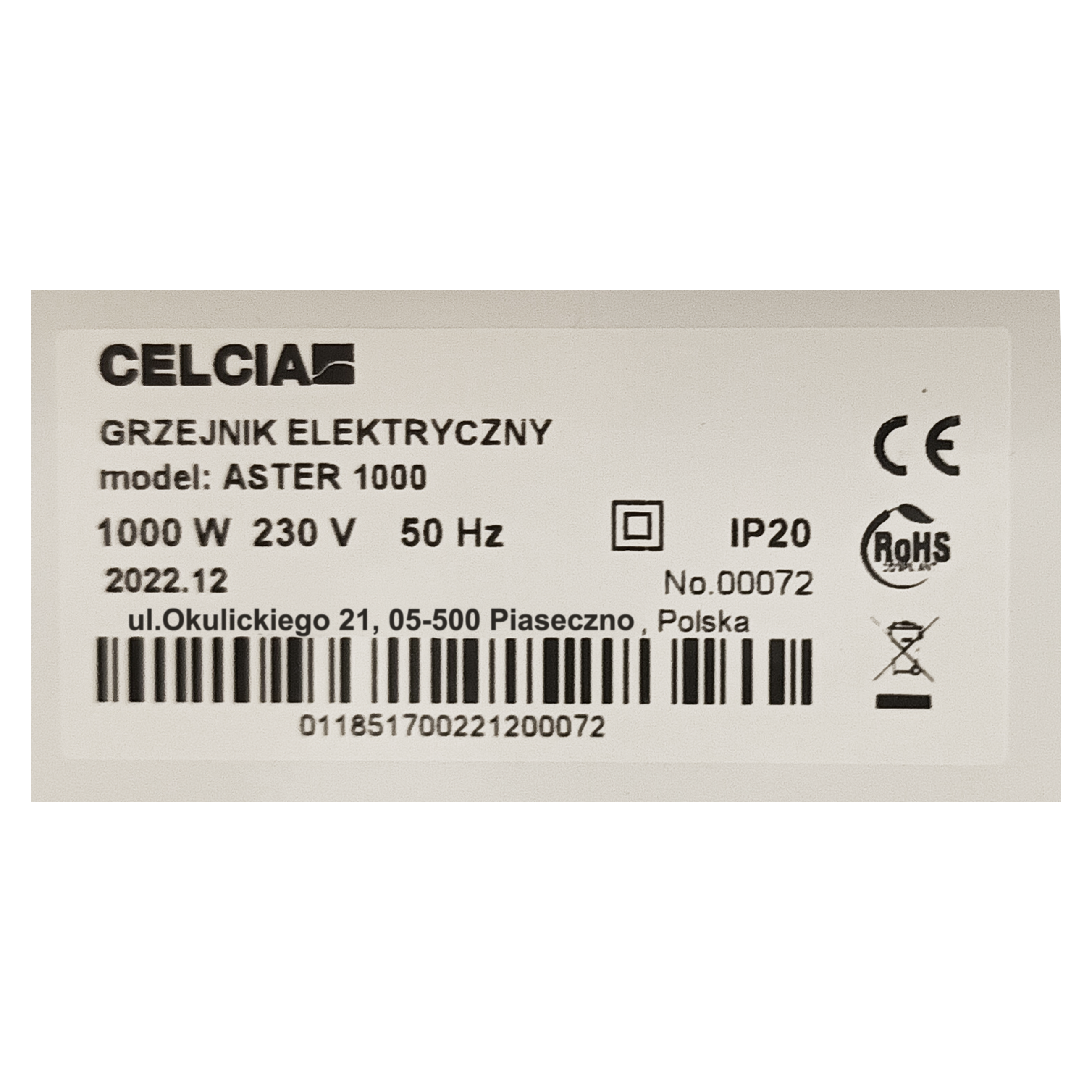 Grzejnik konwektorowy stały ASTER 1000W IP20 CELCIA - 6