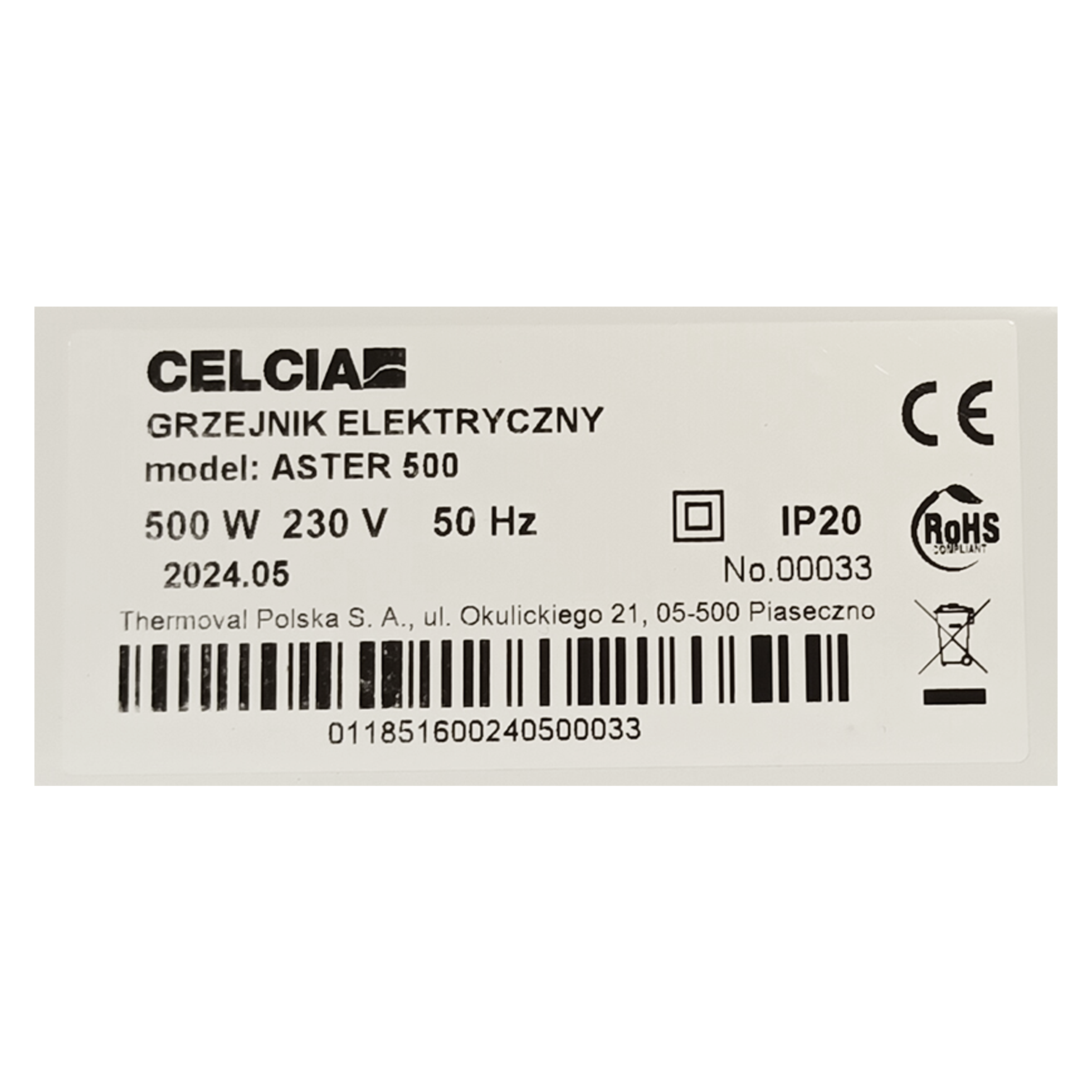 Grzejnik konwektorowy stały ASTER 1000W IP20 CELCIA - 5