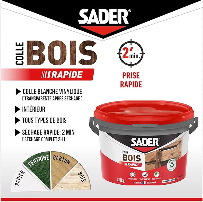 Colle d'assemblage pâte Bois rapide pro d2 SADER, 2.5 Kg transparent - 2