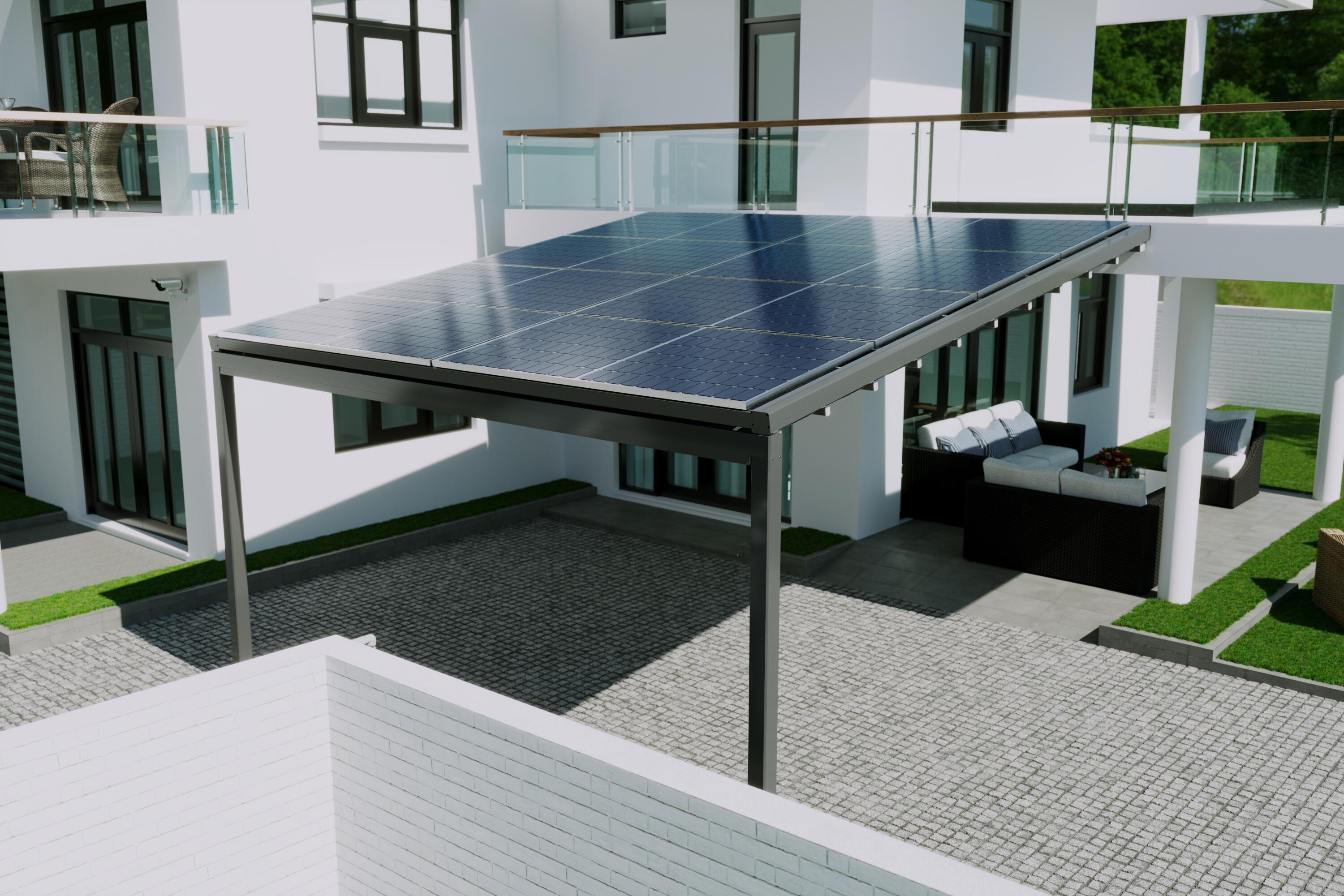 Pérgola de aluminio adosada con cubierta genova solar de 484 cm gris