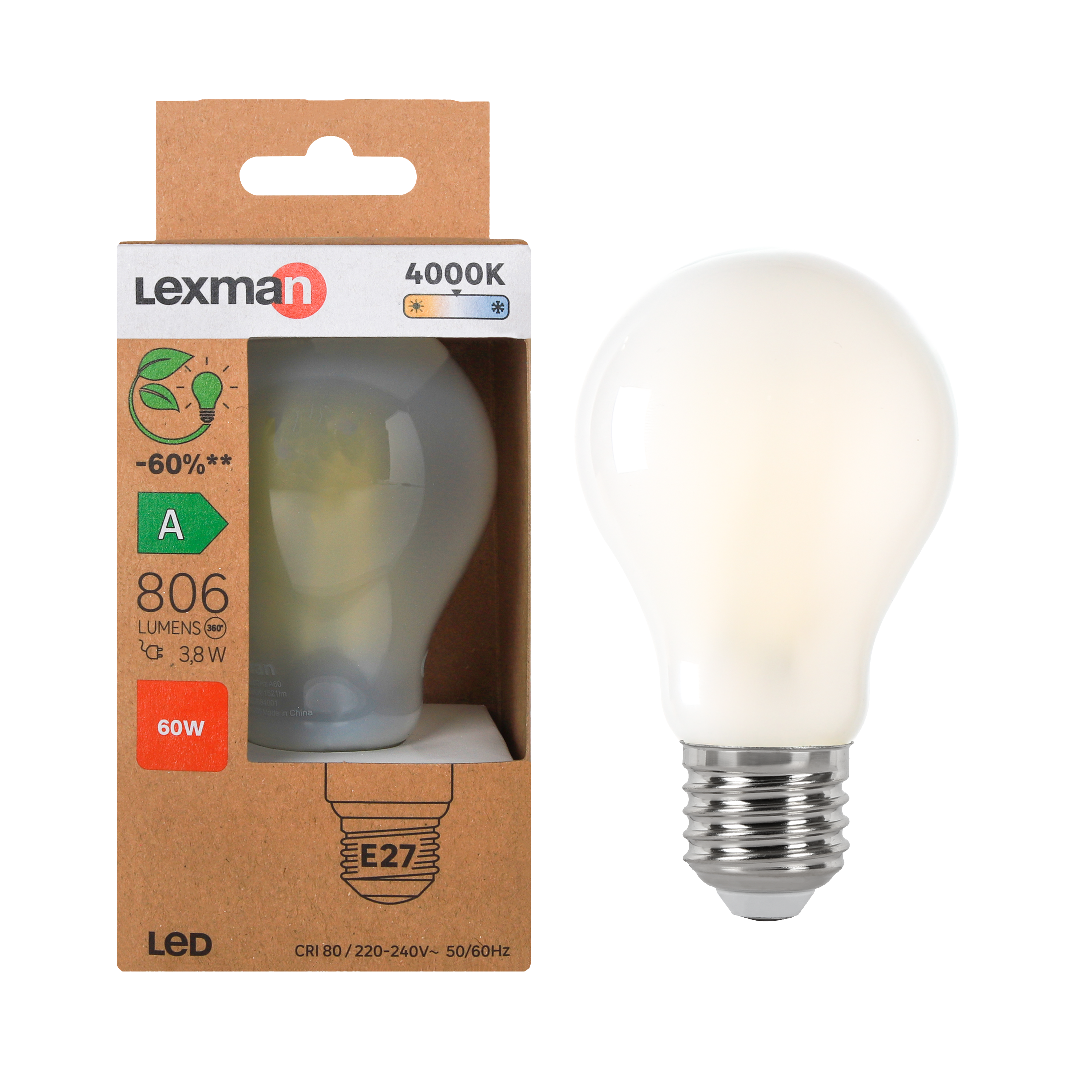Bombilla LED filamento E27 clase A (mayor ahorro energético) 806 lúmenes 3.8W color de la luz blanco neutro 4000K CRI 89-80 luz natural y fiel - 2