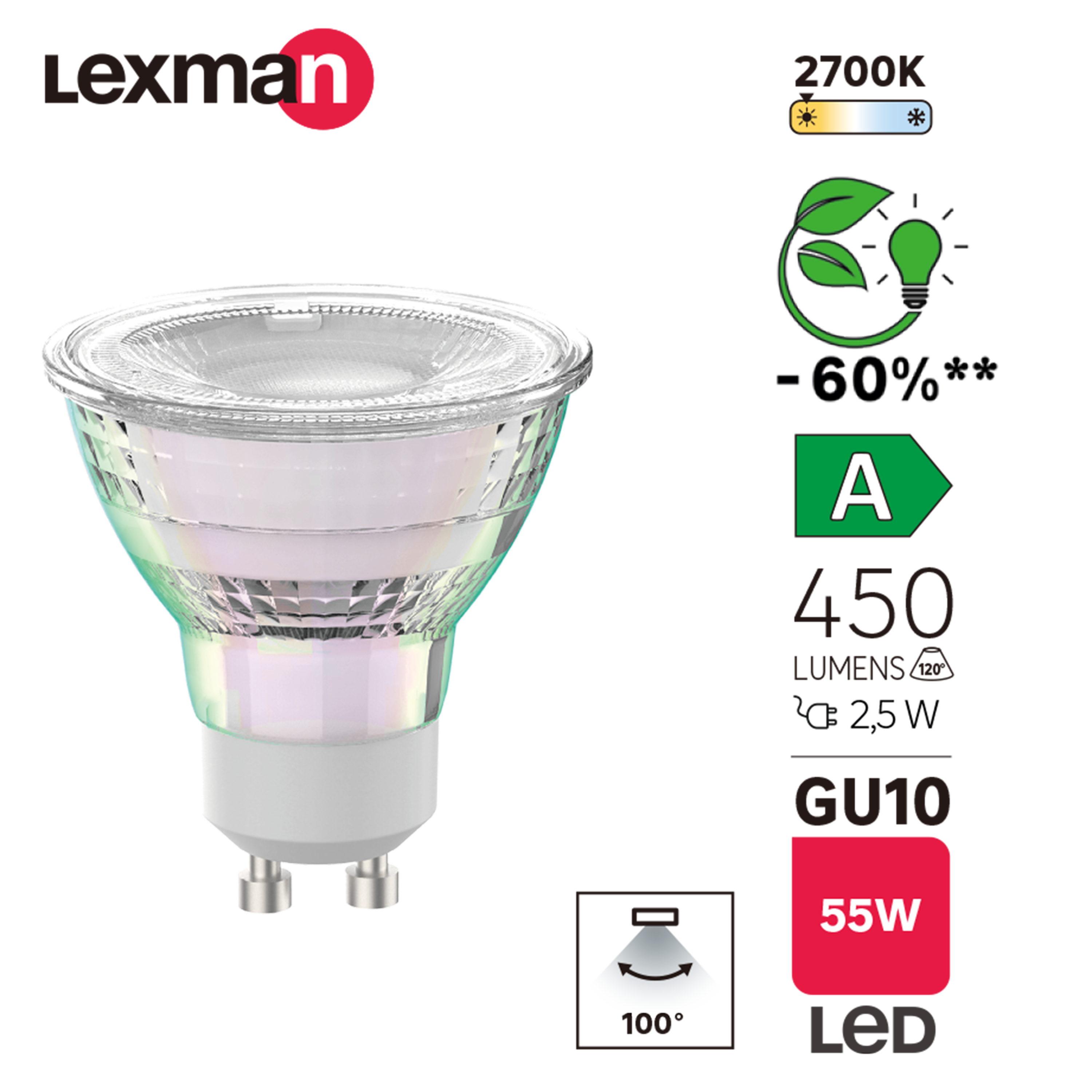 Ampoule led, réflecteur GU10, 450lm, classe énergétique A, blanc chaud, LEXMAN - 2