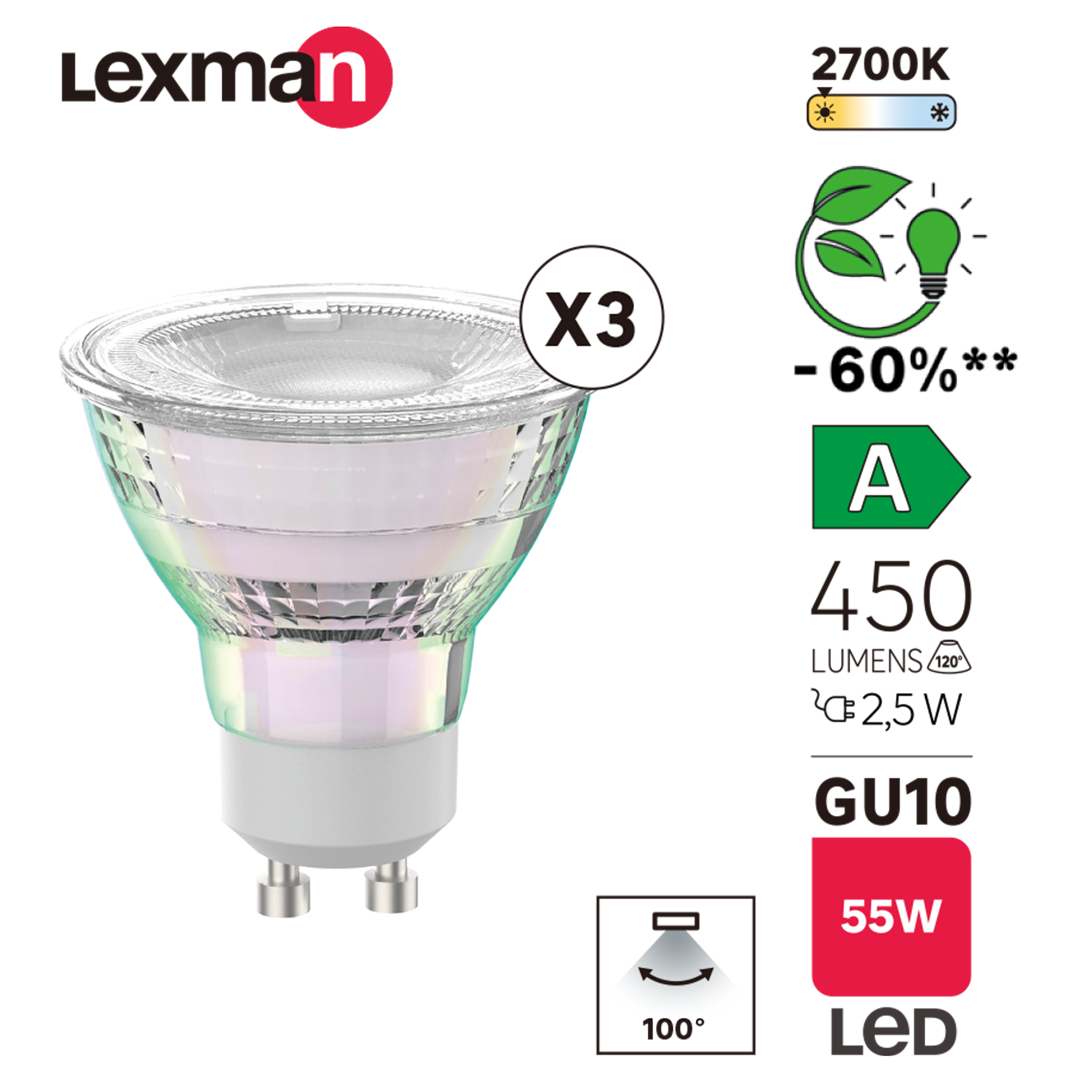 Lot de 3 ampoules led, réflecteur GU10, 450lm = 55W, blanc chaud, LEXMAN - 2